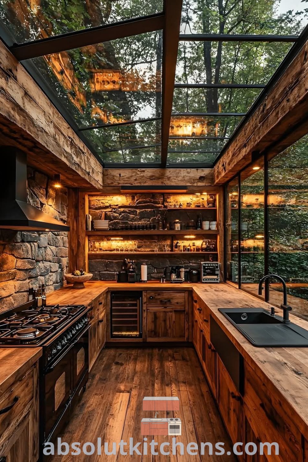 An outdoor kitchen featuring wood flooring and a glass roof over the stove top, oven, and sink, showcasing inspiring design trends for cozy living. Ideal for house plans and DIY kitchen inspiration, this outdoor space combines aesthetic appeal with functional design. Find more ideas you need to see at absolutkitchens.com.