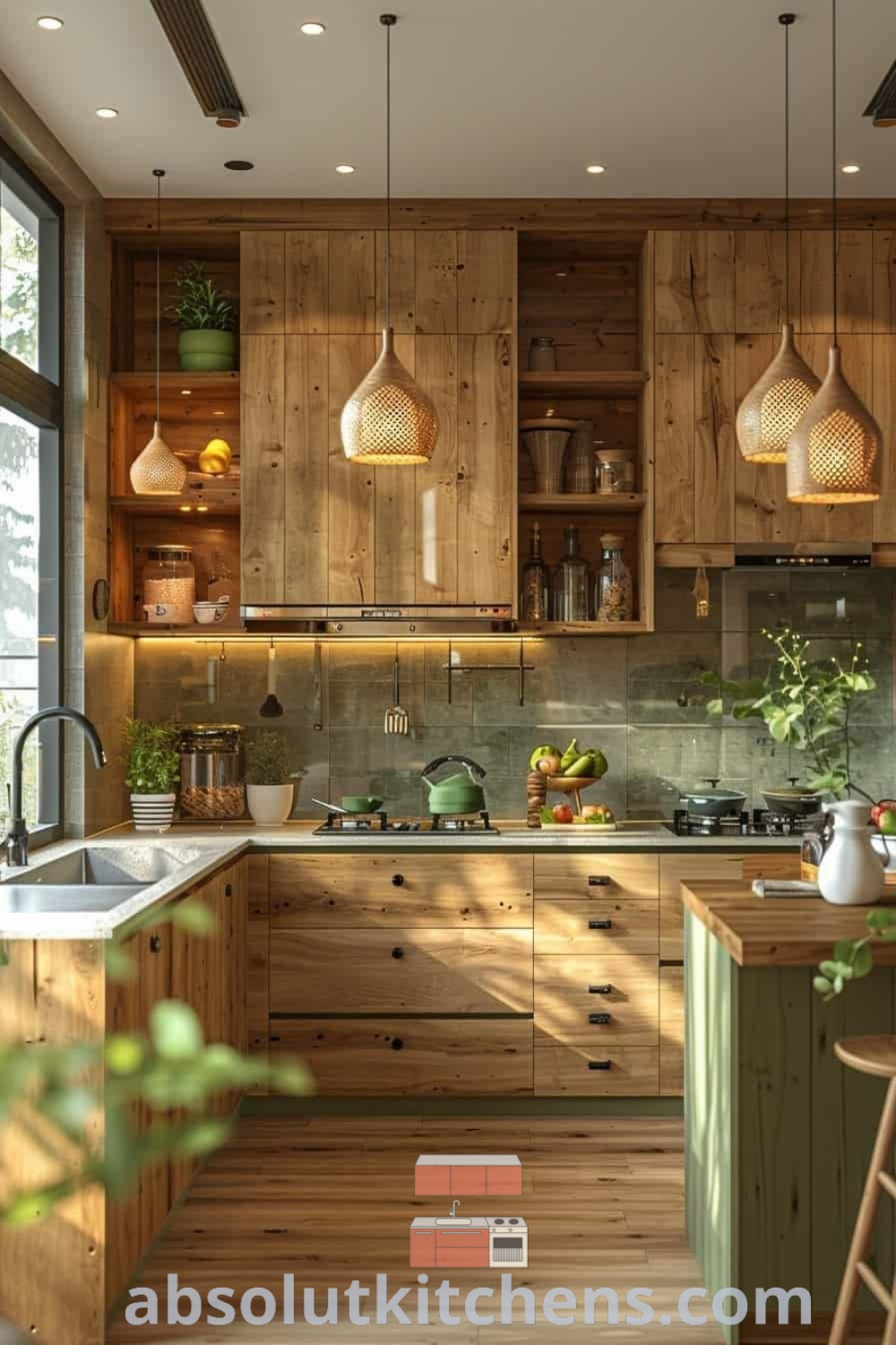 A cozy kitchen filled with wooden cabinets and a spacious countertop in forest green, showcasing eco-friendly house interiors and natural wood cabinets. This design highlights green kitchen trends and offers inspiring decor ideas for small spaces, featuring ample natural light from a nearby window. Discover more at absolutkitchens.com.
