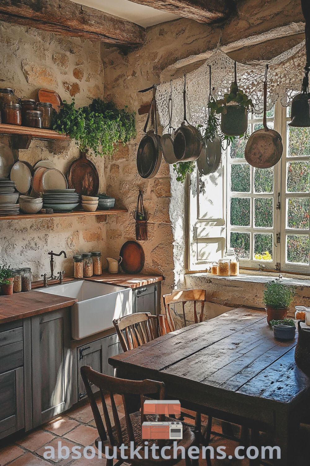 Cozy French kitchen with rustic stone walls, heavy wooden table surrounded by mismatched chairs, a large basin sink, and shelves filled with colorful jars and earthenware dishes, showcasing cozy ideas and decor inspirations for your home on absolutkitchens.com.