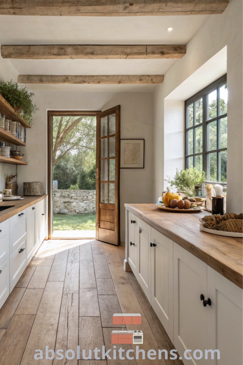 A modern farmhouse kitchen with white cabinets, wood flooring, and large windows, showcasing a cozy and functional design. This space offers inspiring ideas for house or apartment decor, emphasizing style and practicality for a warm, inviting atmosphere. Find more design tips at absolutkitchens.com.