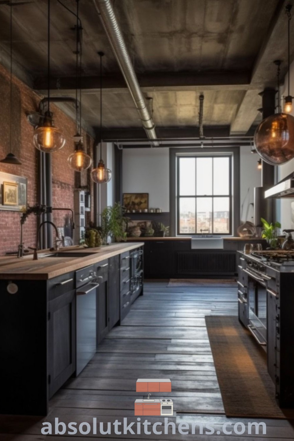 An industrial style kitchen with brick walls, exposed ceilings, and wooden flooring, showcasing a cozy yet modern design. Explore unique ideas and decor inspirations for your home at wellnesswink.com.
