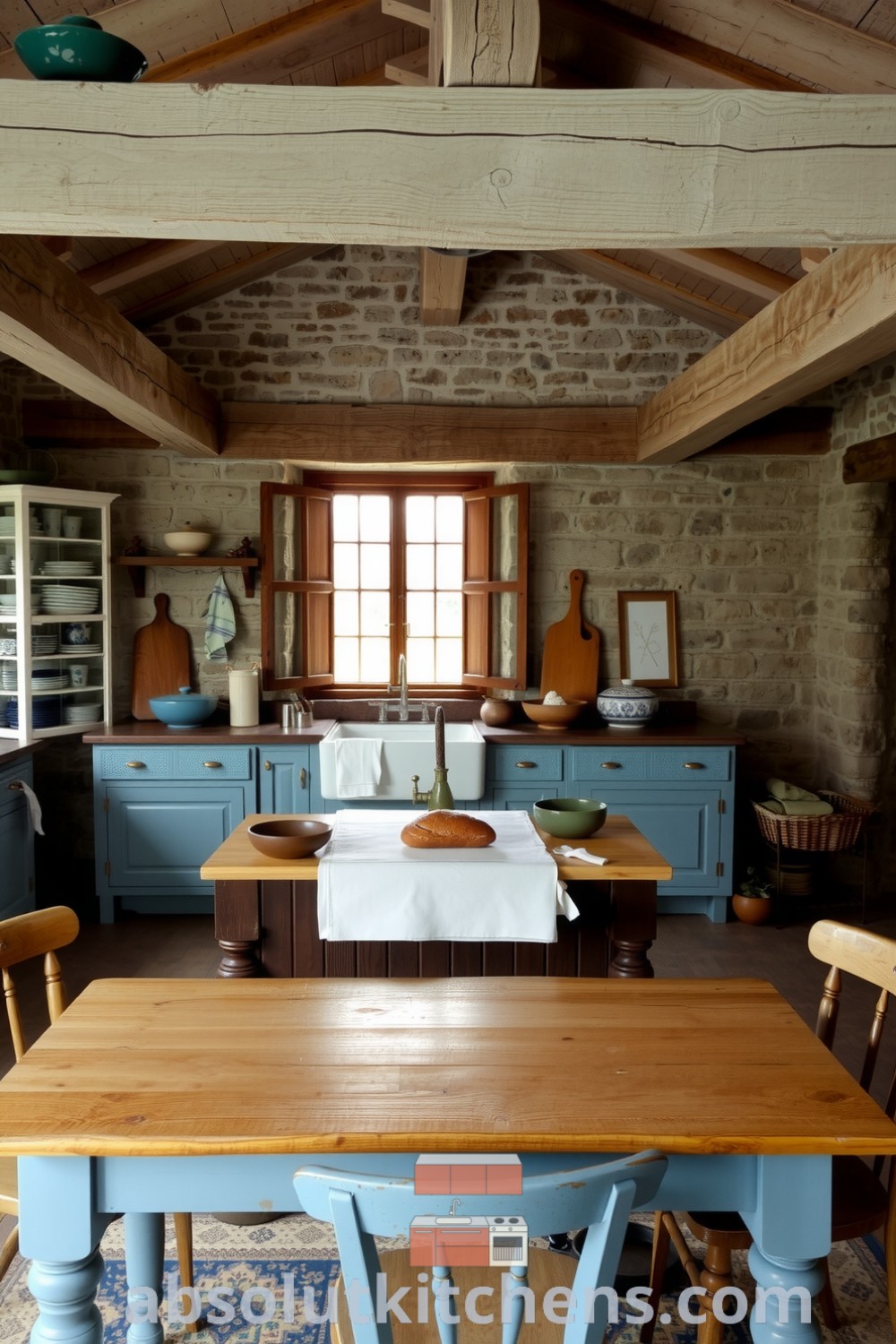 Cozy rustic kitchen featuring soft blue decor, weathered wooden beams, a farmhouse sink, hand-painted ceramic tiles, and a polished wooden table surrounded by mismatched chairs, embodying warm and inviting design ideas for your home at absolutkitchens.com.