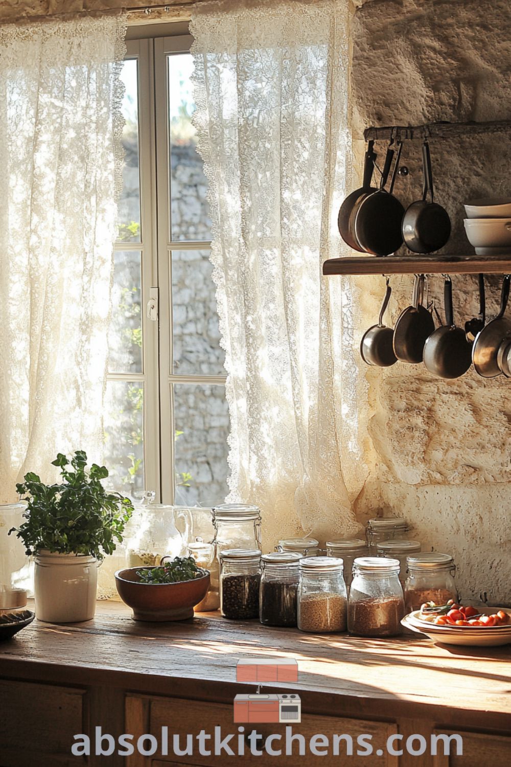 Vintage French kitchen scene on absolutkitchens.com featuring warm light, rustic decor, cozy aesthetic, and design tips for small spaces.
