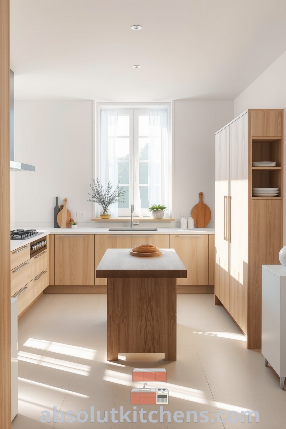 Scandinavian kitchen design featuring soft white walls, natural wood accents, a modern stone countertop, and a chunky wooden table, creating a warm and inviting atmosphere filled with sunlight, potted herbs, and homey decor inspirations. Visit fireplacesandwoodstoves.com for more cozy ideas.