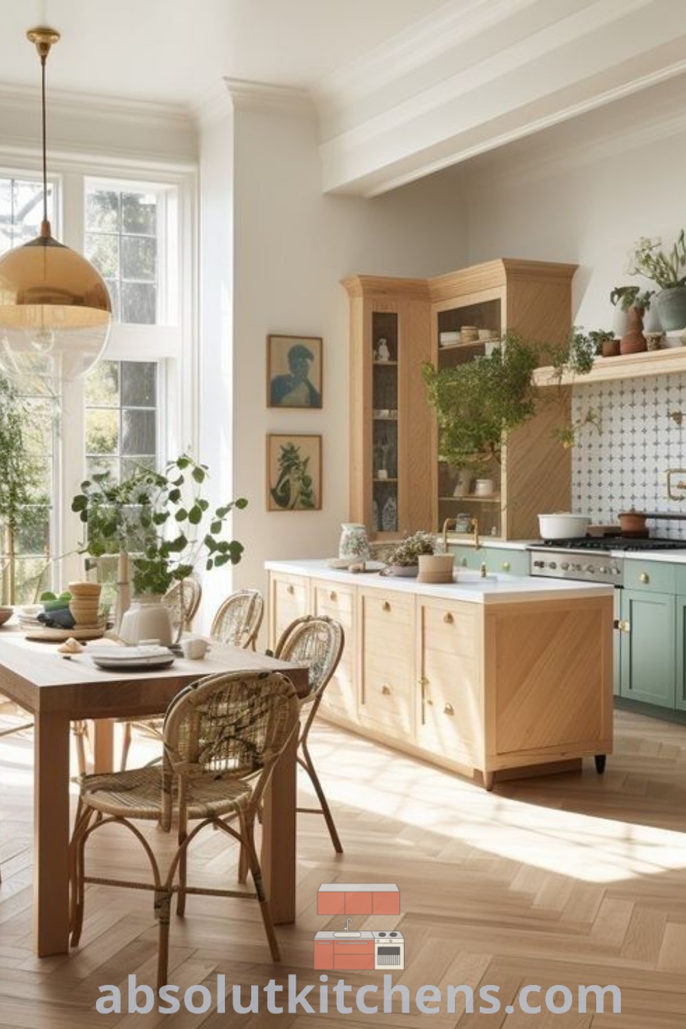 A bohemian kitchen filled with natural eclectic furniture, large windows covered in potted plants, and cozy decor ideas for small spaces. This inviting design emphasizes budget kitchen cabinets and unique light fixtures, showcasing the best of boho chic style. Explore more inspiring decor ideas at absolutkitchens.com.