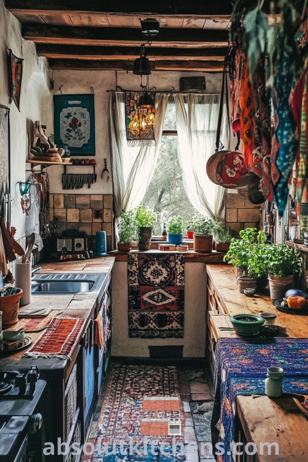 Bohemian Kitchen scene on absolutkitchens.com showcasing vibrant textiles, cozy kitchen atmosphere, and inspiring kitchen decor ideas.