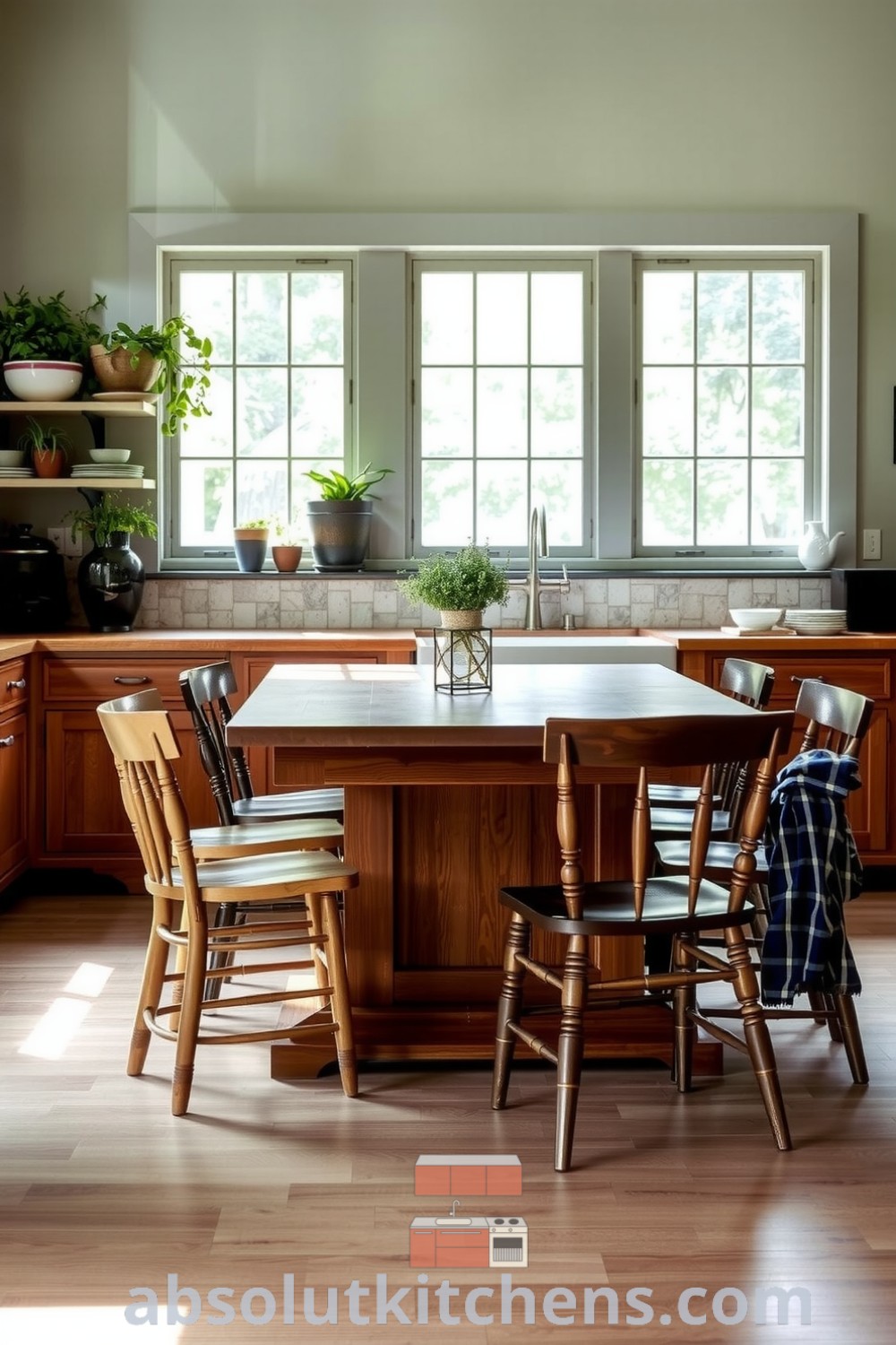 Cozy nature-inspired kitchen with wooden accents, soft green tones, large windows, a textured stone backsplash, and a handcrafted oak table surrounded by mismatched chairs. Decor ideas include potted herbs, creating a warm and inviting atmosphere, ideal for family gatherings, as featured on absolutkitchens.com.