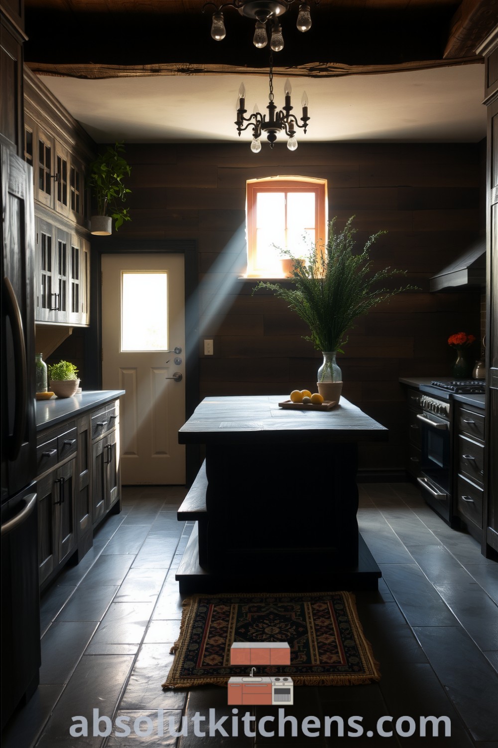 Cozy rustic kitchen design featuring weathered wooden cabinets, aged stone countertops, and a reclaimed wood table, creating inviting space filled with aroma of herbs, perfect for family gatherings, inspiring decor ideas for your home at absolutkitchens.com.