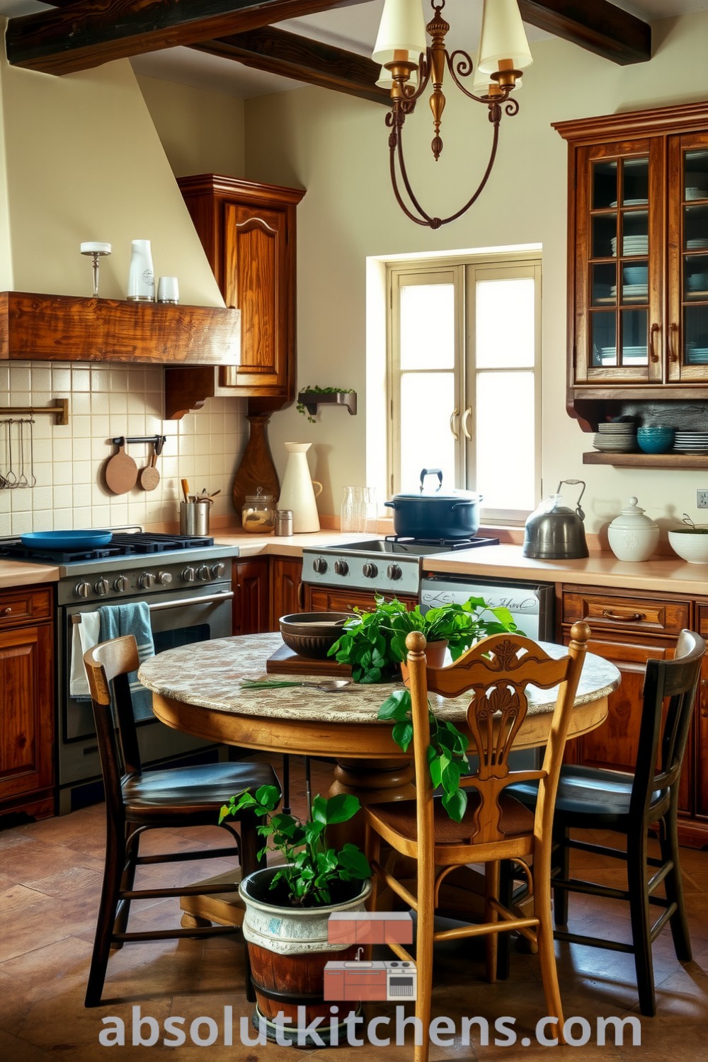 Cozy French kitchen with cream-colored walls, rustic wooden cabinets, and aged stone countertop, featuring a heavy cast iron pot on the stove, antique table surrounded by mismatched chairs, and fresh herbs in earthen pots, showcasing inviting decor ideas for creating a warm and welcoming home atmosphere. Visit absolutkitchens.com for more inspiring ideas.