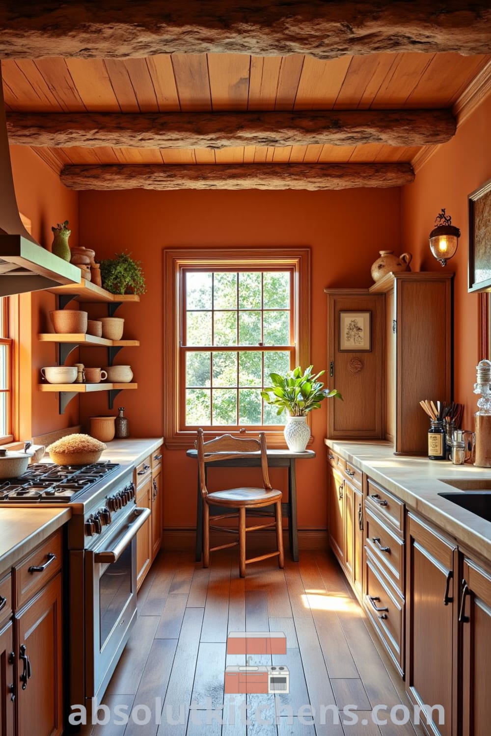 Rustic kitchen decor featuring warm orange tones, wooden beams, butcher block countertop, and handcrafted pottery, creating a cozy home atmosphere perfect for culinary adventures; visit fireplacesandwoodstoves.com for more decor ideas.