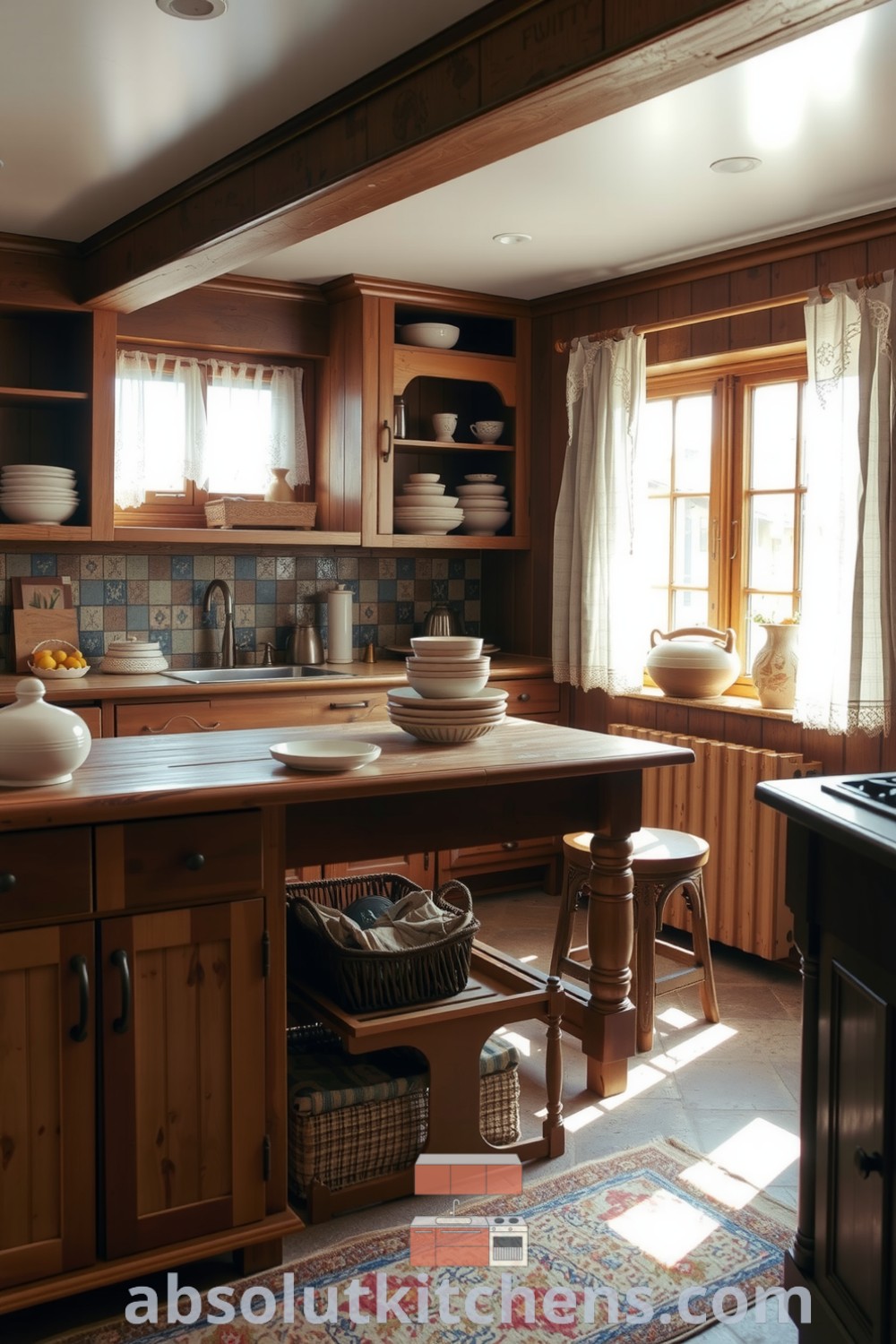 Cozy farmhouse kitchen design featuring wooden cabinetry, a rustic table, lace curtains, and hand-thrown pottery on open shelves, creating a warm and inviting atmosphere that embodies tradition and love. Visit absolutkitchens.com for more inspiring decor ideas.