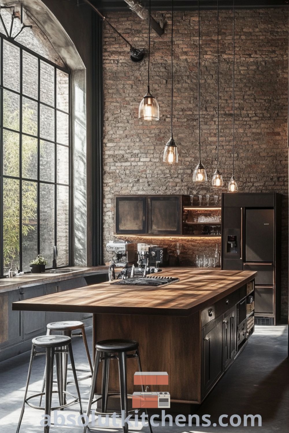 Urban loft kitchen design on absolutkitchens.com featuring sleek concrete floors, eclectic cabinetry, and inviting loft interior style, ideal for decor ideas for small spaces and modern lofts.