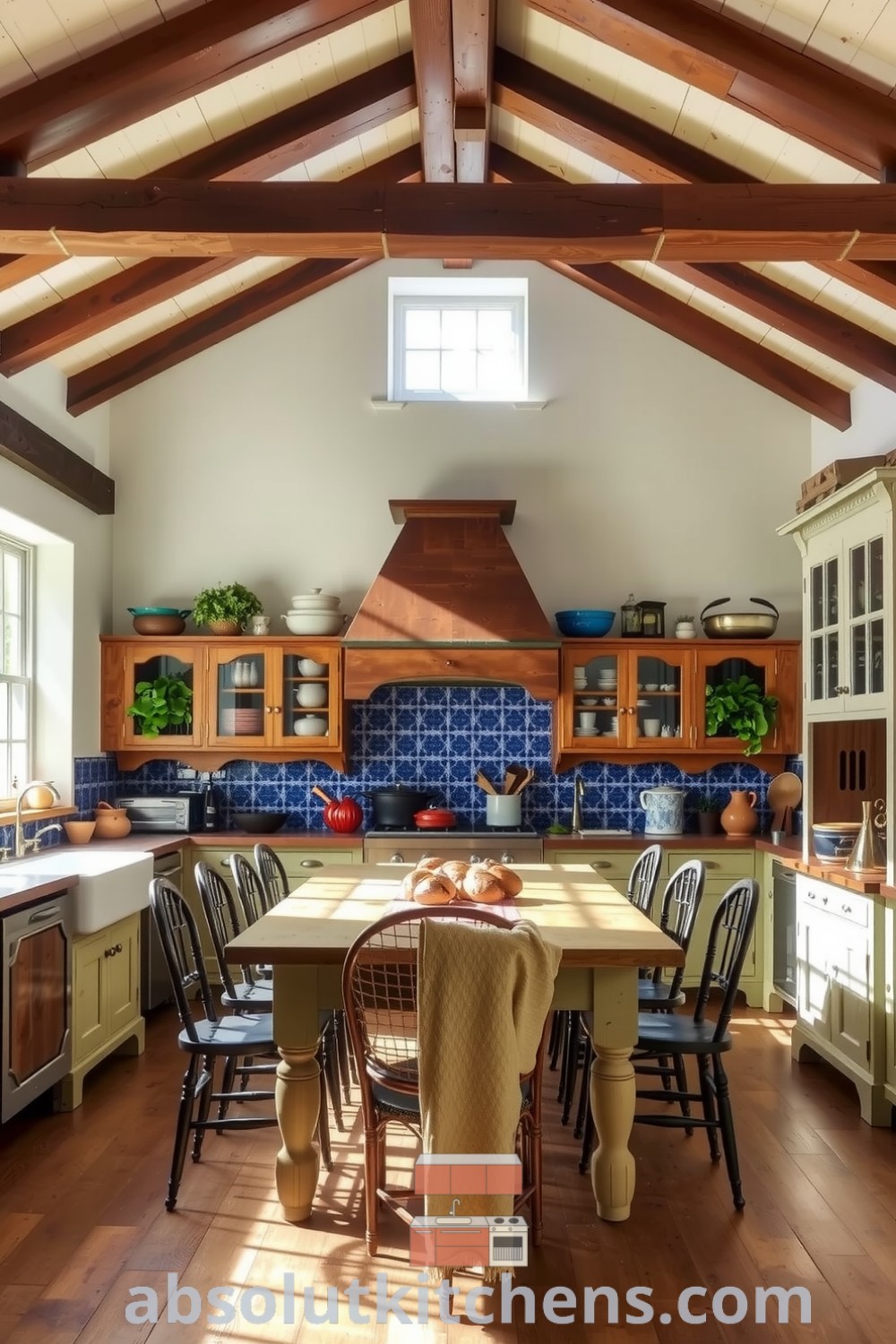 Cozy French kitchen featuring exposed wooden beams, a blue tile backsplash, a farmhouse table with mismatched chairs, and aged cabinets filled with pots and herbs, creating an inviting space for cooking and gathering. Visit absolutkitchens.com for inspiring decor ideas.