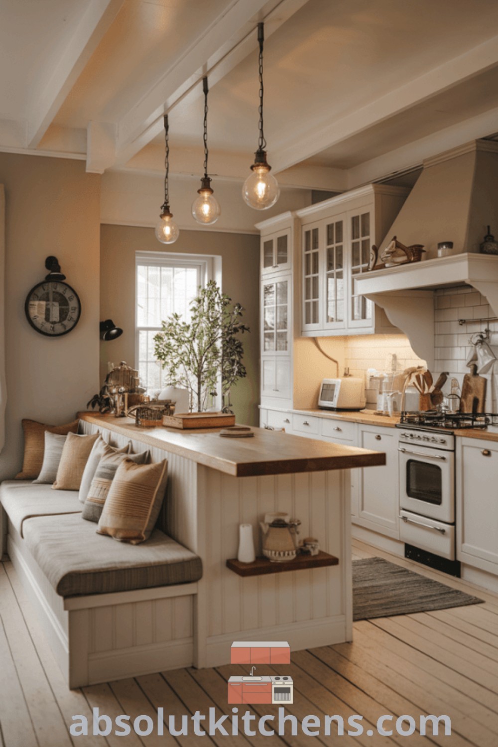A bright and modern kitchen filled with lots of white furniture, showcasing inspiring decor ideas for small spaces. The design emphasizes comfort and style, making it perfect for any house or apartment. Discover more design trends and cozy aesthetic inspirations at absolutkitchens.com.