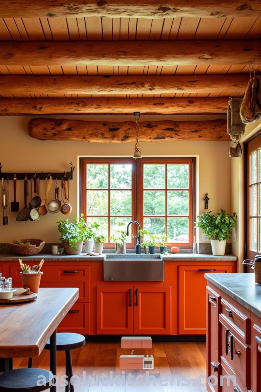 Cozy rustic kitchen with warm orange tones, exposed wooden beams, stone countertops, and a farmhouse sink, creating an inviting atmosphere for family meals, featuring vintage utensils and a wooden table, ideal for home decor inspirations and unique ideas from fireplacesandwoodstoves.com.