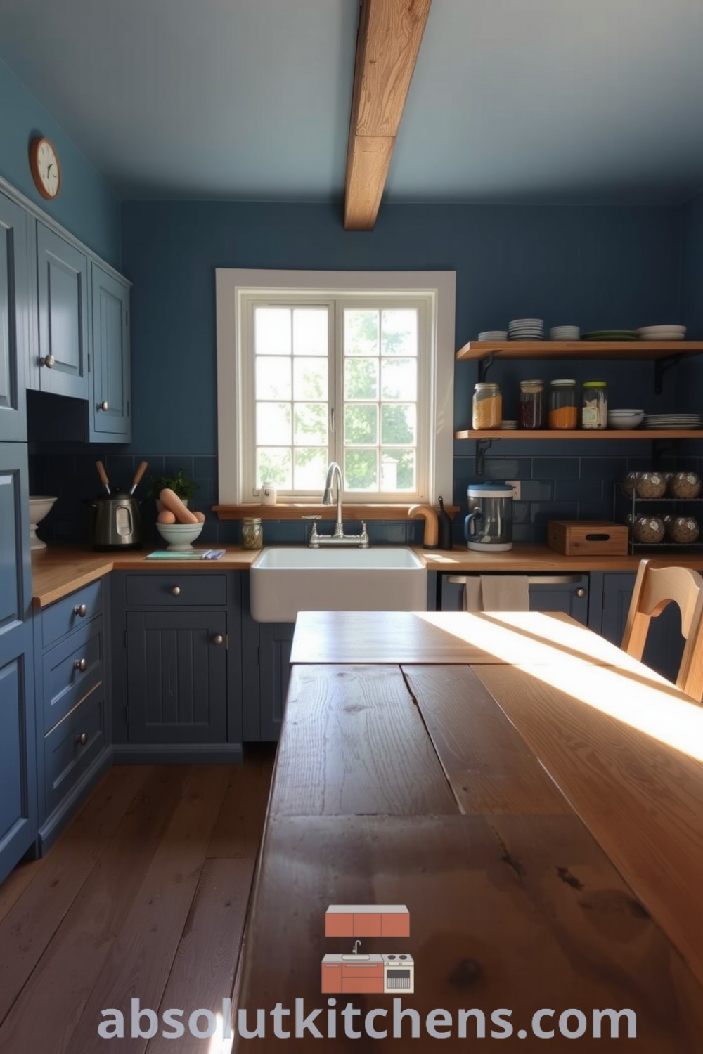 Cozy farmhouse kitchen with blue distressed wooden cabinets, natural light illuminating a rustic wooden table, and shelves filled with bright ceramic dishes, creating an inviting atmosphere perfect for family gatherings. Visit absolutkitchens.com for inspiring design ideas.