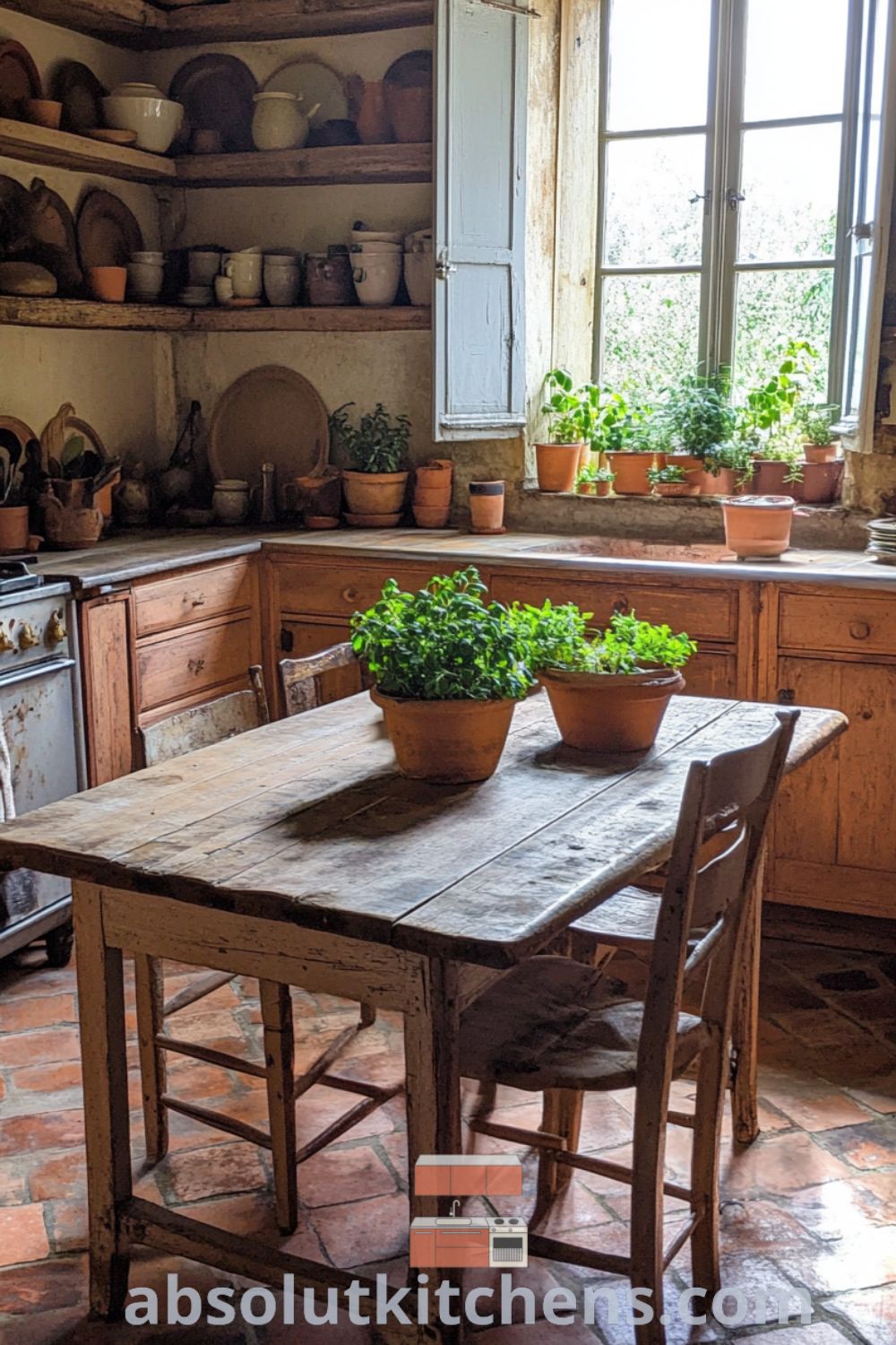 Cozy French kitchen featuring deep wooden cabinets, a rustic table surrounded by mismatched chairs, and earthen pots with fresh herbs, illuminated by sunlight, offering inviting decor ideas for your home. Visit absolutkitchens.com for inspiring design ideas.