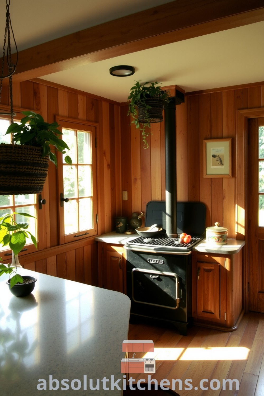 Cozy nature-inspired kitchen with reclaimed wood cabinetry, polished stone countertop, hanging plants, and antique wood-burning stove, featuring fresh ingredients and warm earthy tones. Perfect for cozy home inspirations and design ideas for your space. Visit absolutkitchens.com for more unique ideas.