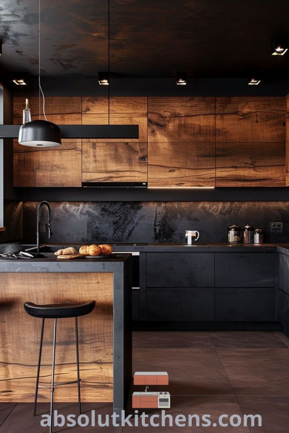 A modern kitchen showcasing wooden cabinets, black countertops, and contemporary bar stools, providing cozy ideas for small spaces. Incorporate kitchen handles in black and explore stylish bar cabinet ideas for a unique aesthetic. Discover more design inspirations at wellnesswink.com.
