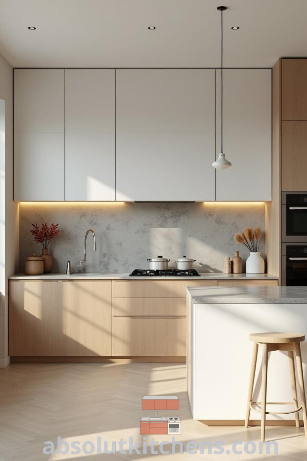 A cozy Japandi-style kitchen featuring natural wood finishes, two stools beside a modern island, exemplifying minimal kitchen design and decor inspirations. Enjoy unique ideas for your home at wellnesswink.com.