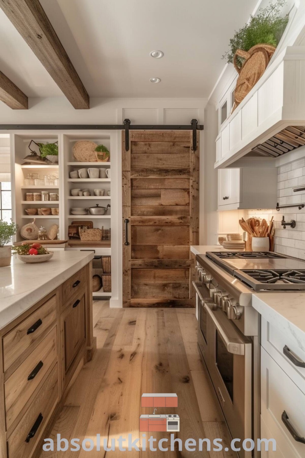 A rustic farmhouse kitchen featuring wooden floors and white cabinets, showcasing cozy decor ideas for small spaces and inspiring kitchen remodels. This kitchen represents country house style with functional and aesthetic appeal, perfect for those seeking farmhouse home design ideas. Discover more at absolutkitchens.com.