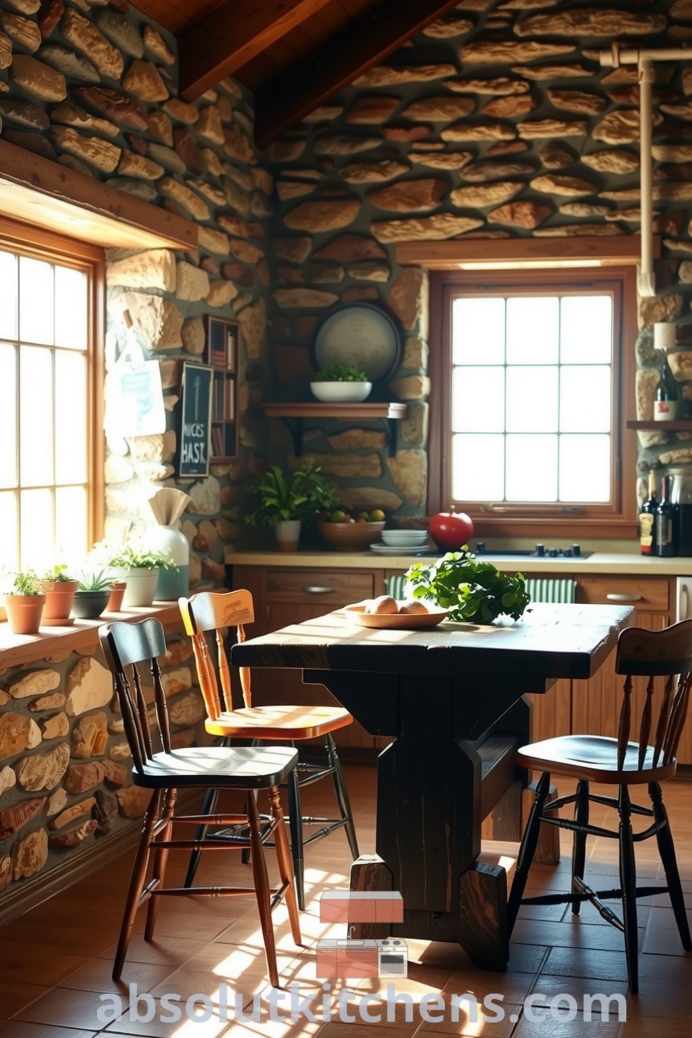 Nature-inspired kitchen with sunlight filtering through large windows, featuring earthy tones of reclaimed wood cabinetry, a handcrafted table, mismatched chairs, and herb pots on the windowsill, creating a cozy home atmosphere. Visit absolutkitchens.com for more cozy ideas and decor inspirations.