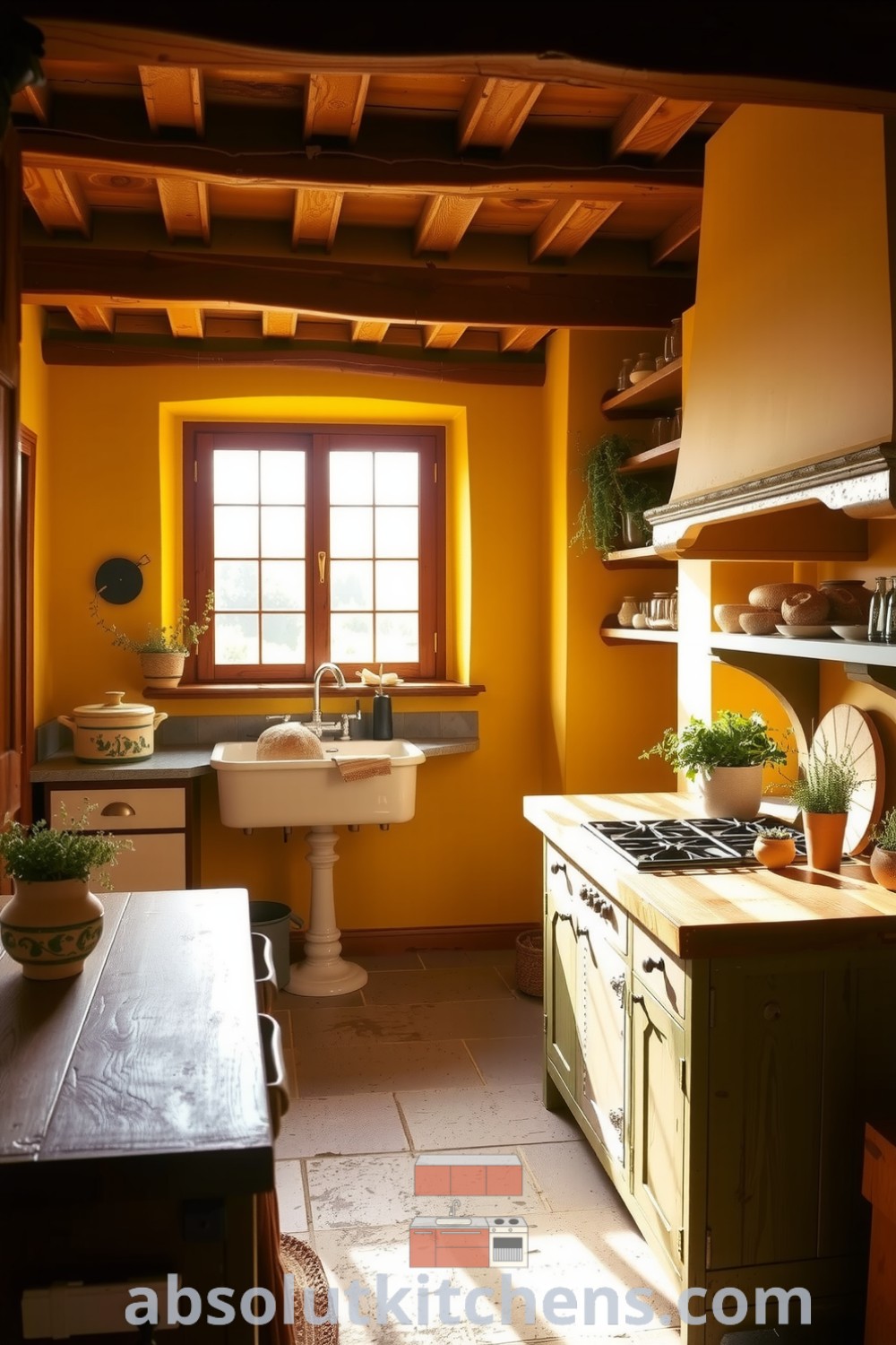 Cozy rustic kitchen with sun-kissed yellow walls, exposed wooden beams, and a butcher block countertop displaying fresh herbs, illuminated by golden light from a large window; ideas for your home from absolutkitchens.com.