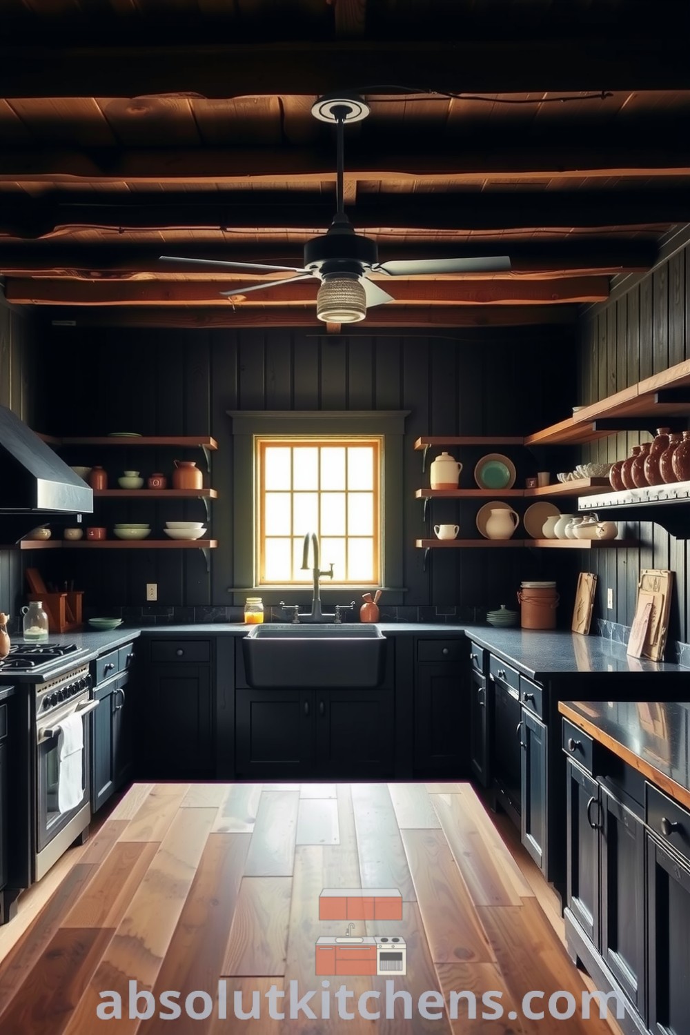 Cozy rustic kitchen featuring dark cabinetry, exposed wooden beams, a butcher block island, and a farmhouse sink under a sunlit window, adorned with handmade pottery, providing warm and inviting decor ideas for a cozy home at absolutkitchens.com.