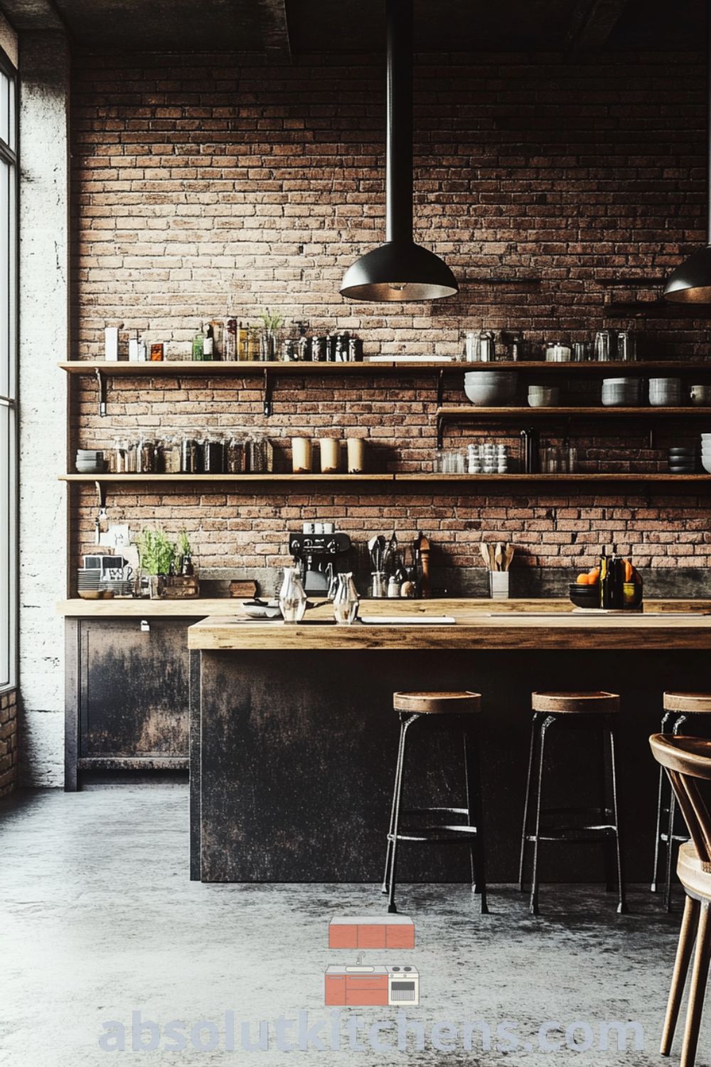 Urban loft kitchen design on absolutkitchens.com featuring a large wooden island, sleek metal stools, and warm pendant lights, embodying cozy aesthetic and practical design tips for loft style apartments.