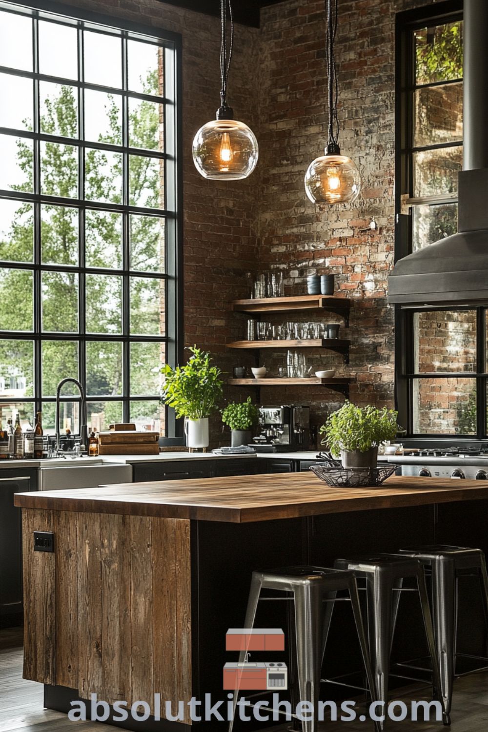 Loft kitchen design on absolutkitchens.com featuring industrial-style windows, reclaimed wood island, cozy aesthetic, and inspiring decor ideas for small spaces.