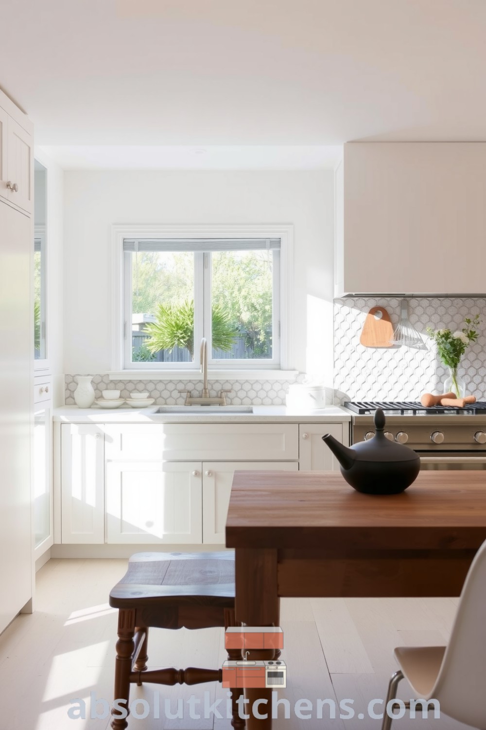 Minimalist kitchen design showcasing white cabinets, textured stone backsplash, and a wooden table, creating a cozy atmosphere perfect for gatherings; features practical tools for functionality, inspiring decor ideas for a cozy home at fireplacesandwoodstoves.com.