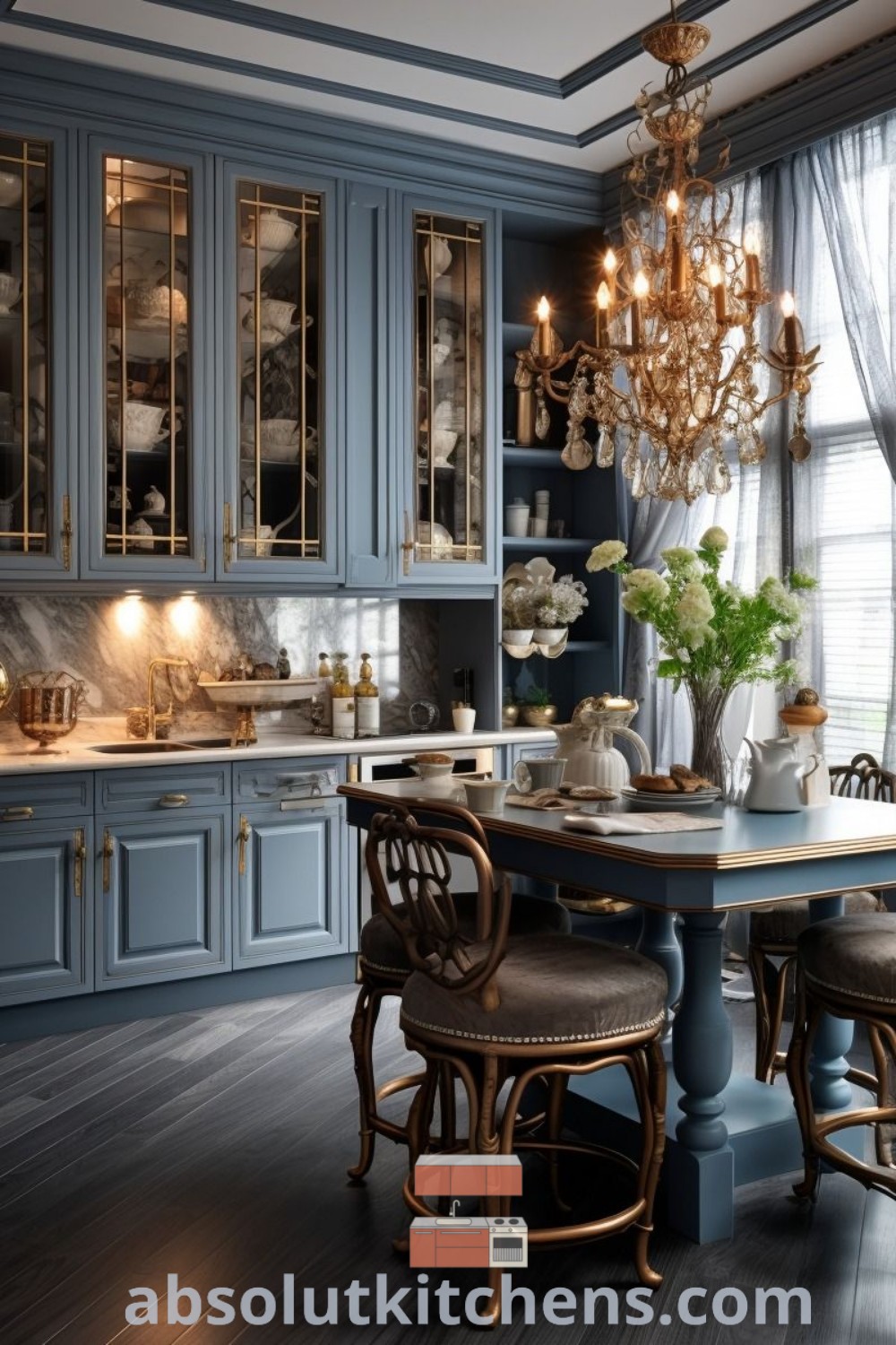 An elegant kitchen with blue cabinets and a chandelier hanging from the ceiling, surrounded by warm wooden flooring, showcasing design trends and cozy aesthetic ideas. This inspiring kitchen space exemplifies decor ideas for small spaces, making it perfect for house or apartment living. Find more at absolutkitchens.com.