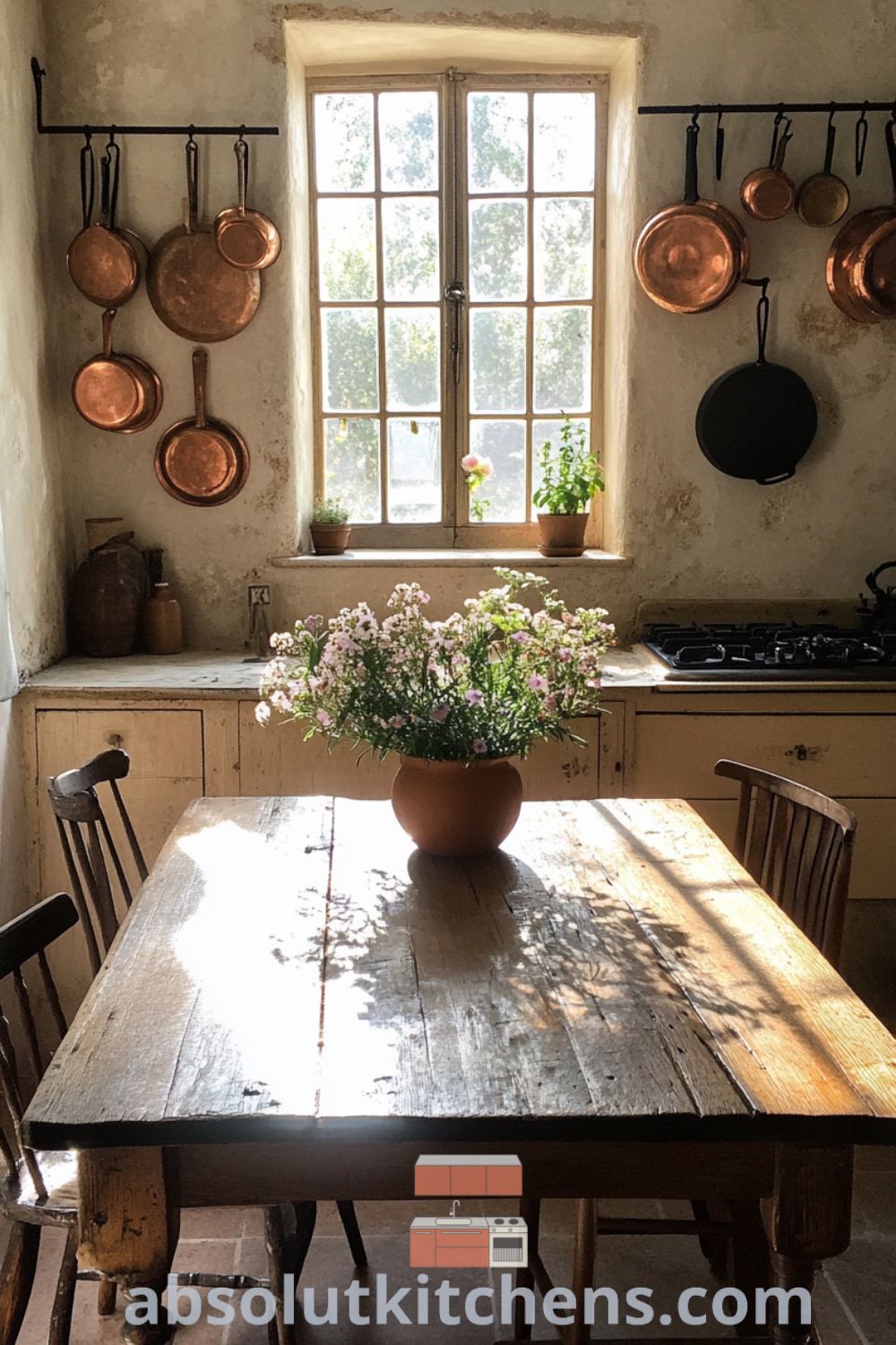 Cozy French kitchen bathed in sunlight, featuring beige walls, hanging copper pots, a sturdy wooden table with mismatched chairs, and a bouquet of wildflowers, creating an inviting atmosphere. Visit absolutkitchens.com for inspiring decor ideas.