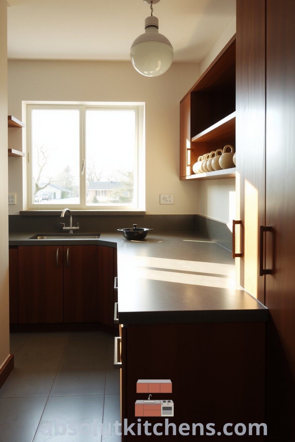 Warm minimalist kitchen with rich brown tones, smooth wooden cabinetry, and a concrete countertop, featuring handmade ceramic mugs on open shelving, showcasing cozy design ideas for inspiring and inviting home decor at fireplacesandwoodstoves.com.