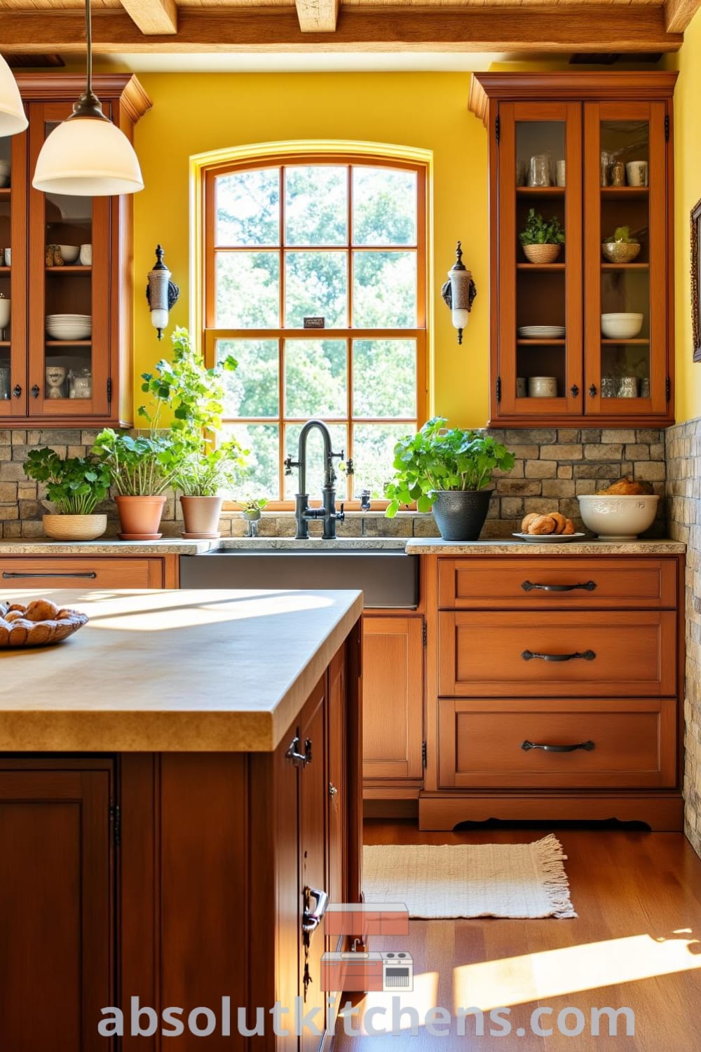 Cozy rustic kitchen adorned with warm yellow tones, rich wooden cabinetry, butcher block island, vintage window, and an herb garden on the windowsill, offering decor ideas and inspirations for creating a cozy home atmosphere. Visit fireplacesandwoodstoves.com for more unique design ideas.