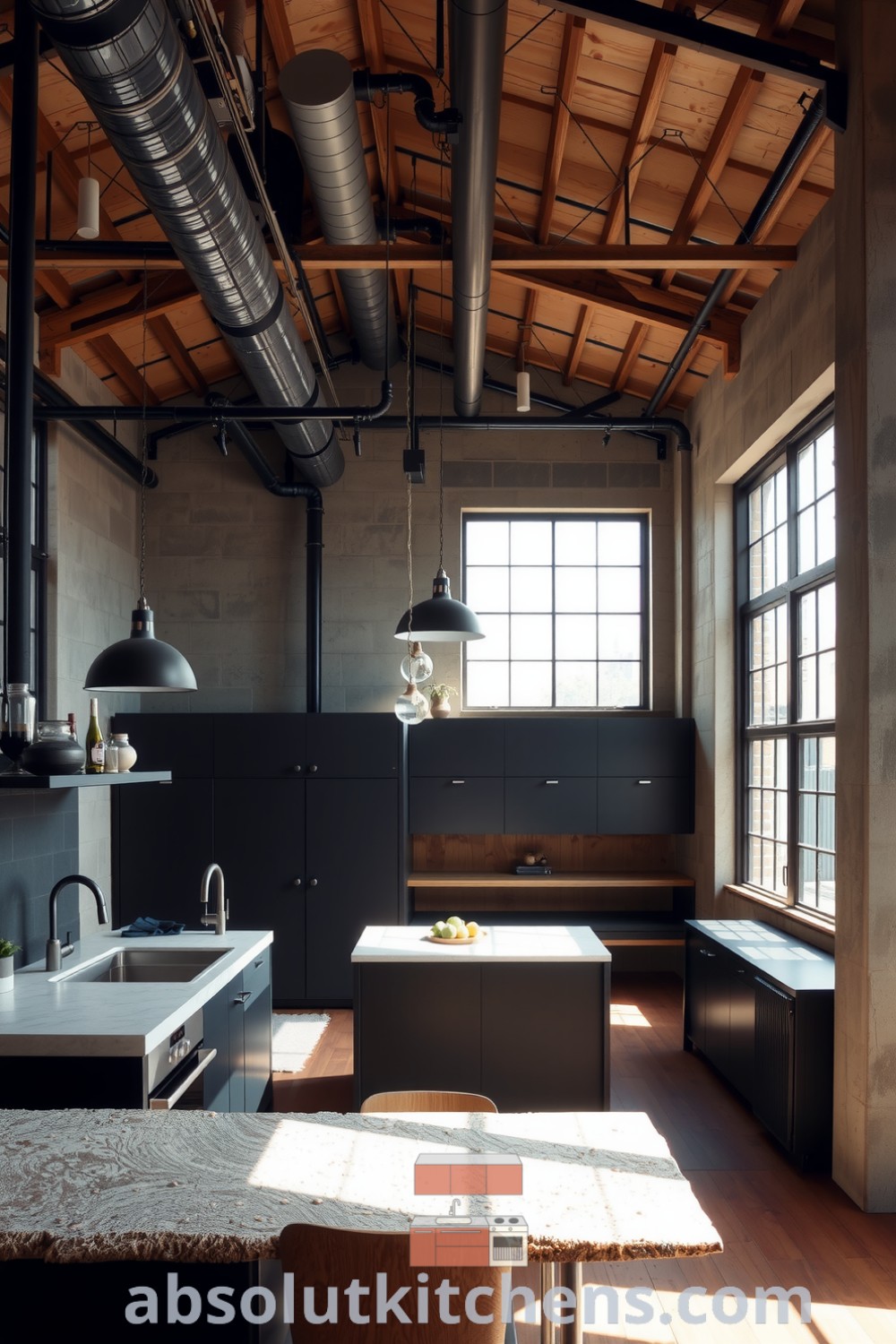Loft kitchen with black metal fixtures, raw concrete walls, a sturdy black kitchen island, and a rugged stone countertop, illuminated by sunlight through large windows, showcasing cozy ideas and inspiring decor for your home; visit fireplacesandwoodstoves.com for unique design inspirations.