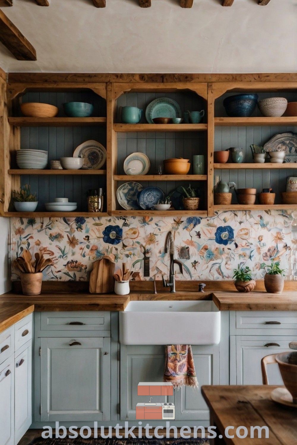 A cozy Boho kitchen with open shelving displaying wooden cabinets and dishes, offering design tips for small spaces. This vibrant kitchen features a granola aesthetic and colorful decor ideas, perfect for house or apartment living. Explore more inspiring design trends at absolutkitchens.com.