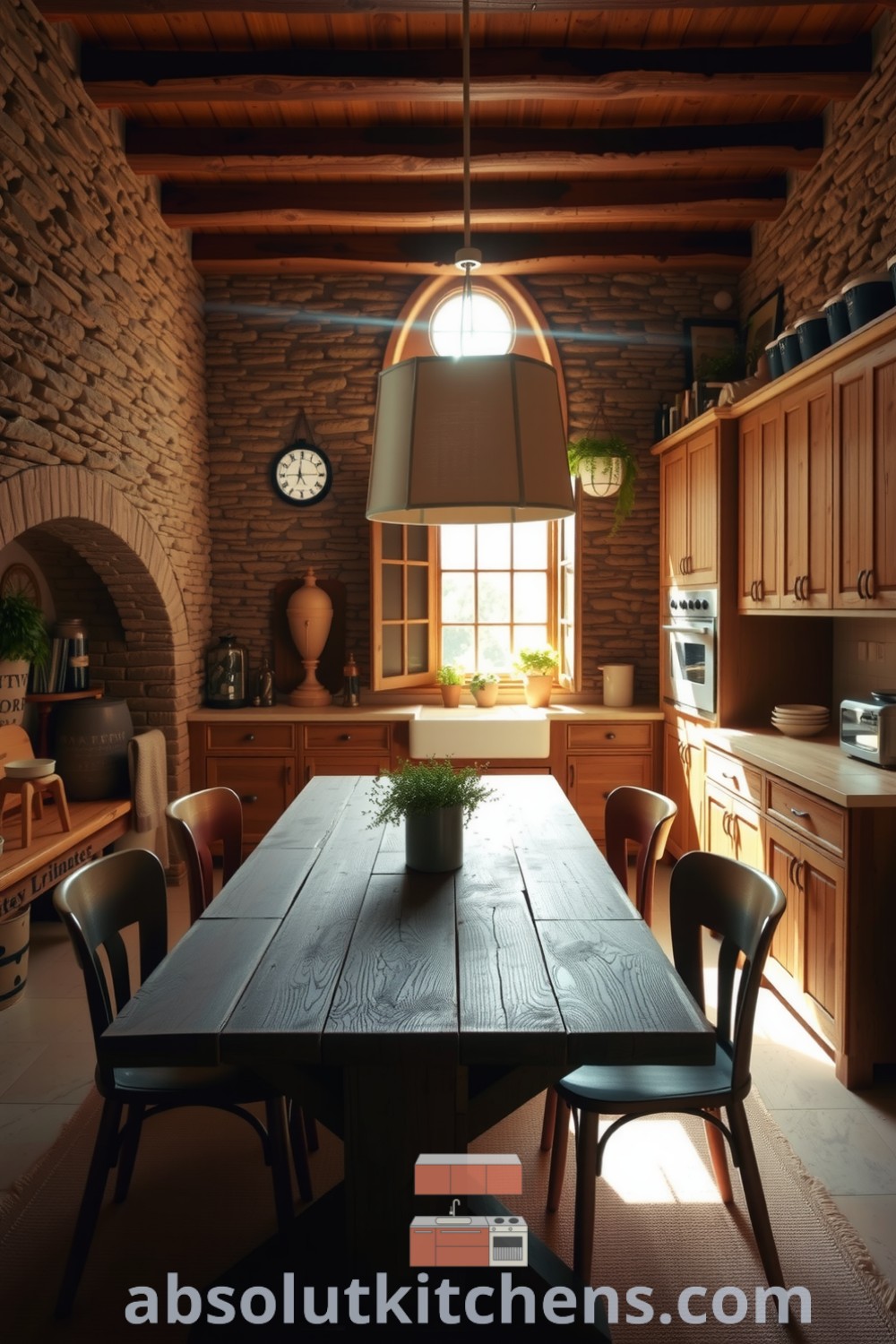 Cozy nature-inspired kitchen with sunlight filtering through large windows, rustic stone walls, reclaimed wood cabinets, a weathered table, and potted herbs, creating a warm and inviting space for gatherings and meals. Visit absolutkitchens.com for design ideas.