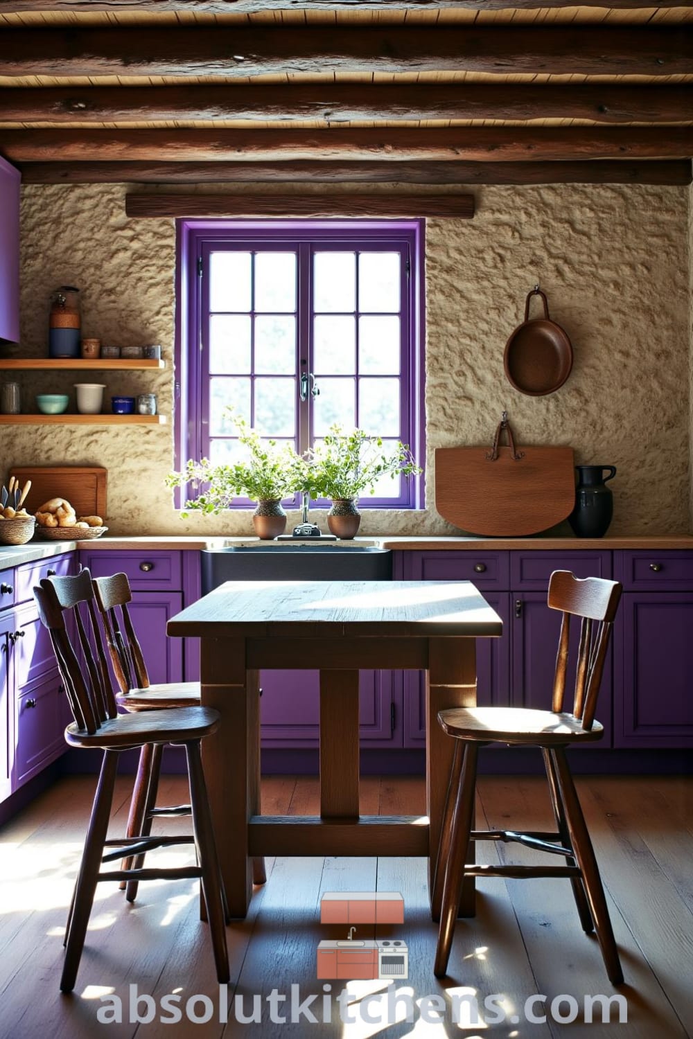 Rustic kitchen with deep purple accents, weathered wooden surfaces, exposed stone walls, and mismatched chairs, creating cozy ideas and inspiring decor ideas for your home at fireplacesandwoodstoves.com.