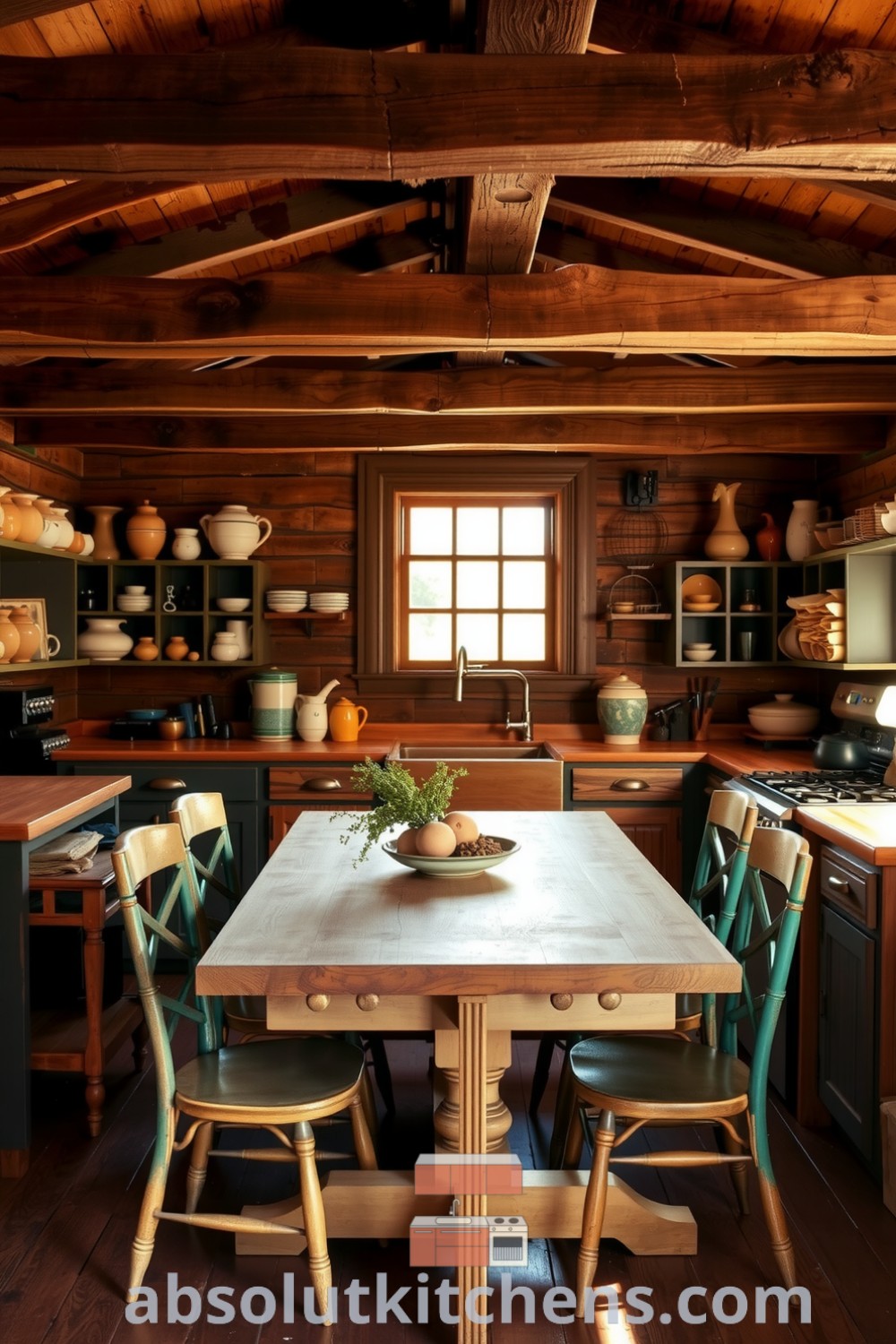 Cozy rustic kitchen featuring deep brown wooden beams, a sturdy central table, mismatched chairs, and hand-thrown pottery, creating an inviting atmosphere with earthy tones and natural textures, perfect for family gatherings. Visit absolutkitchens.com for cozy ideas and inspiring decor ideas for your home.