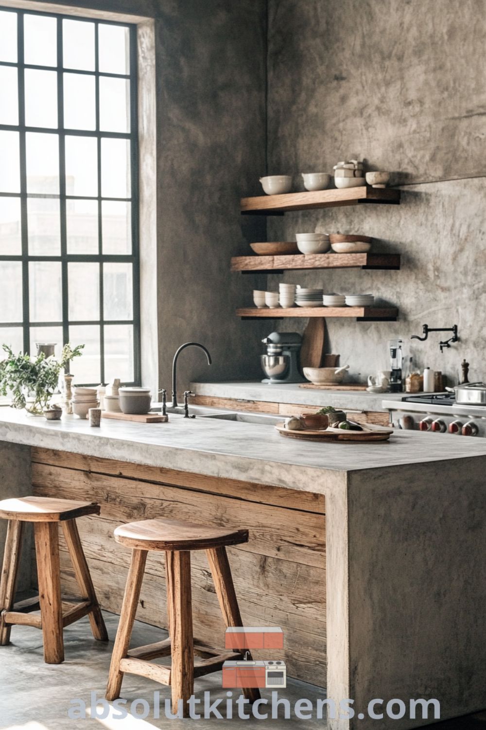 Loft kitchen design showcasing reclaimed wood accents and concrete walls on absolutkitchens.com with cozy aesthetic, design trends for decorating ideas, and inviting gathering spaces.