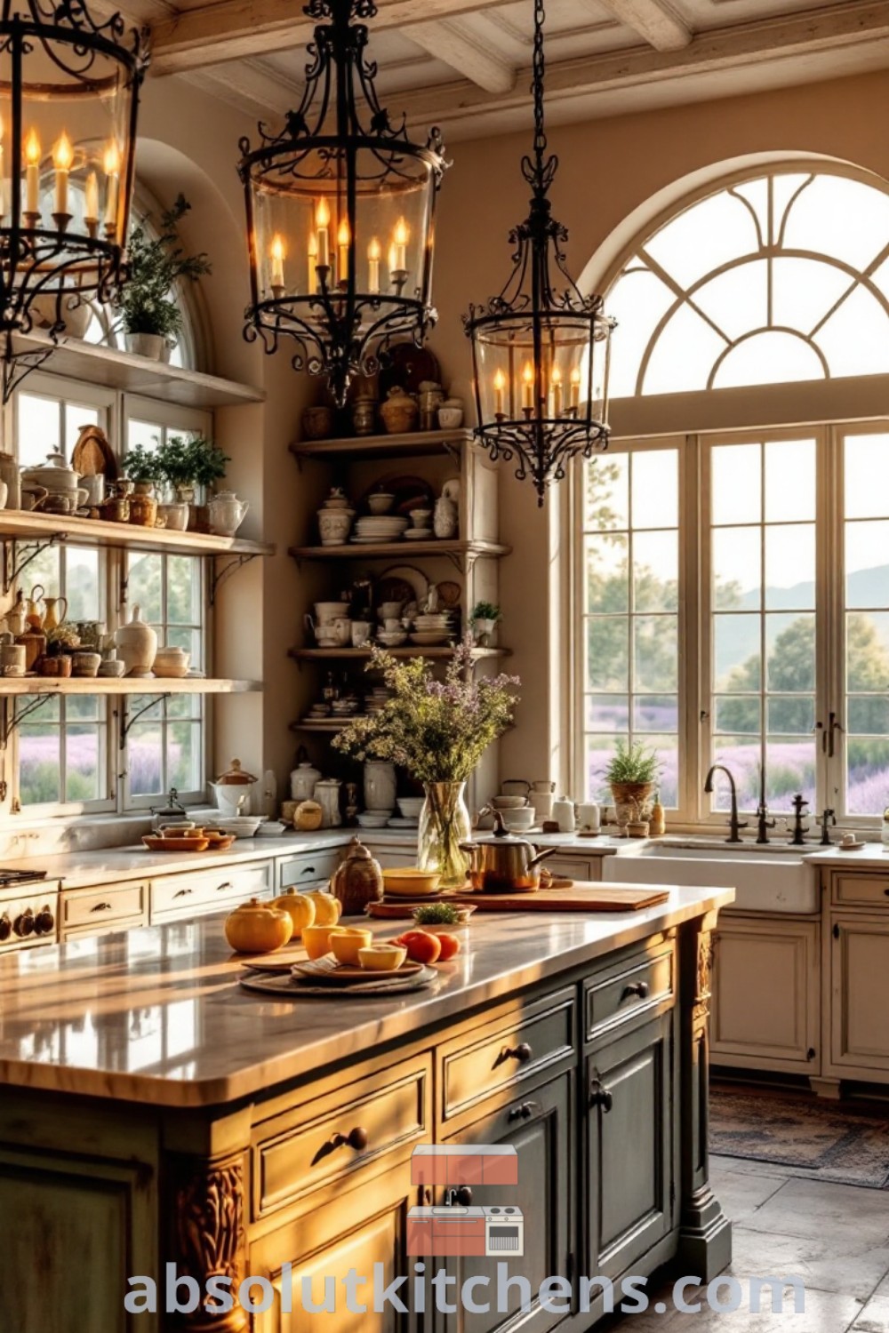 A spacious kitchen with abundant counter space and a large open window, showcasing French chateau interiors and Tuscany style design. This inviting kitchen combines functionality and cozy aesthetics, offering inspiring decor ideas for small spaces. Discover more design trends at absolutkitchens.com.