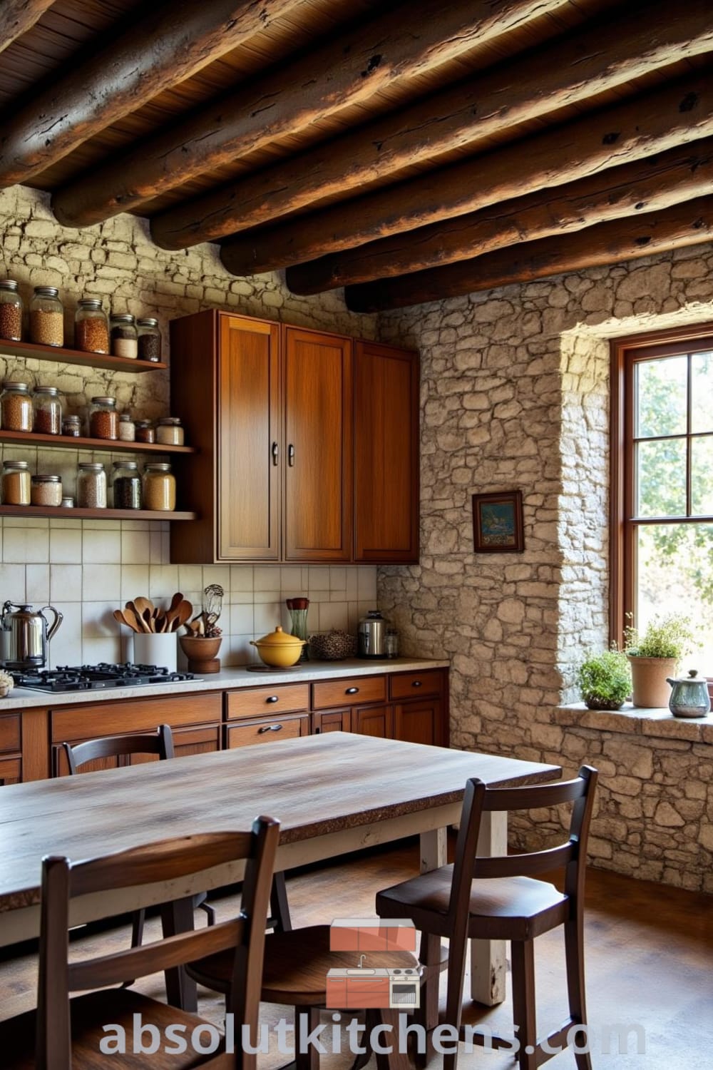A cozy rustic kitchen featuring wooden beams, stone walls, reclaimed cabinets filled with jars of spices, and a farmhouse table surrounded by mismatched chairs, offering warm decor ideas and inspirations for your home from fireplacesandwoodstoves.com.