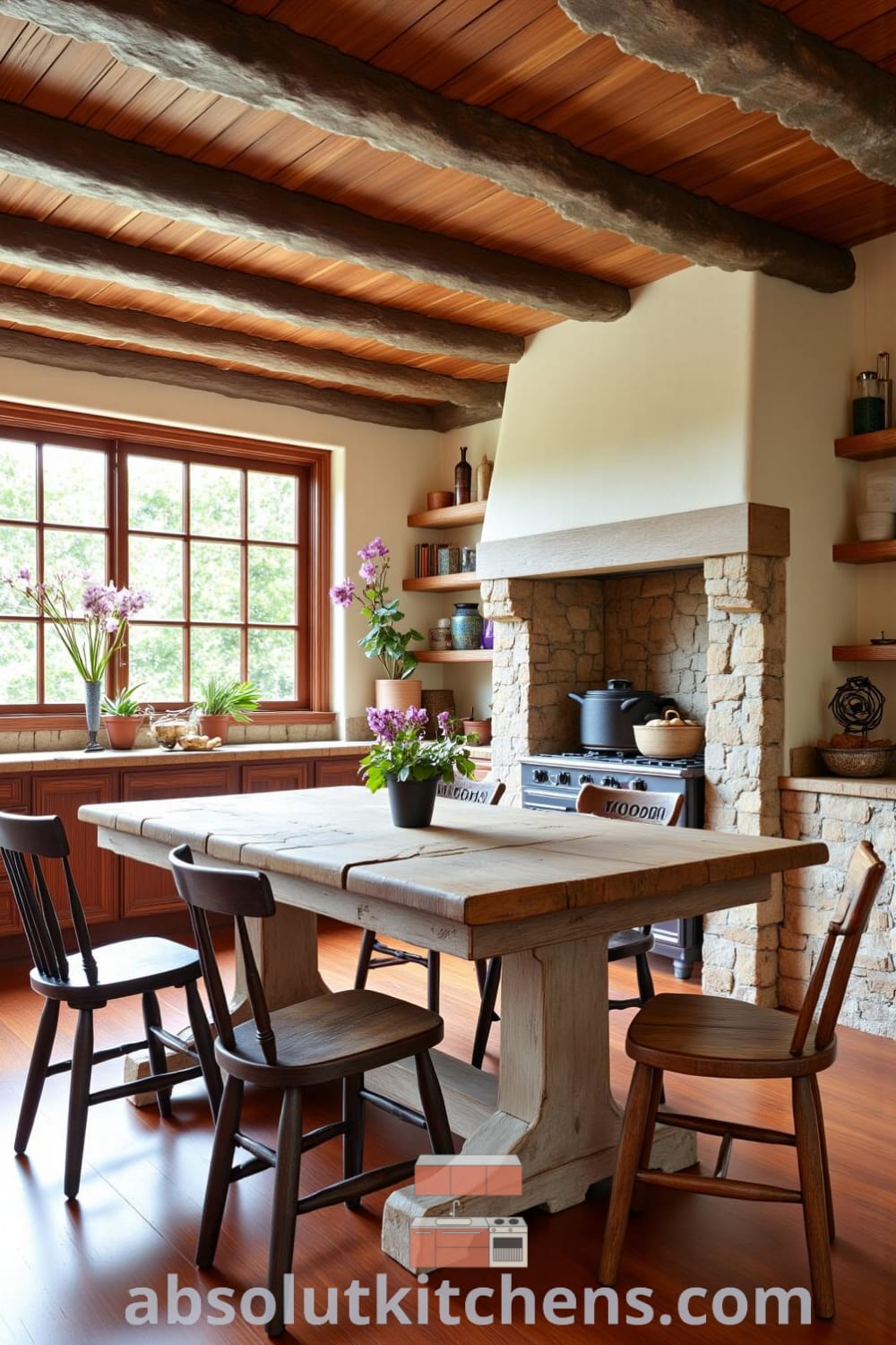 Rustic kitchen featuring warm brown tones, a weathered farmhouse table, and mismatched chairs, illuminated by sunlight streaming through a large window, with a stone hearth and an old cast iron pot, providing cozy ideas and inspiring decor ideas for your home at fireplacesandwoodstoves.com.