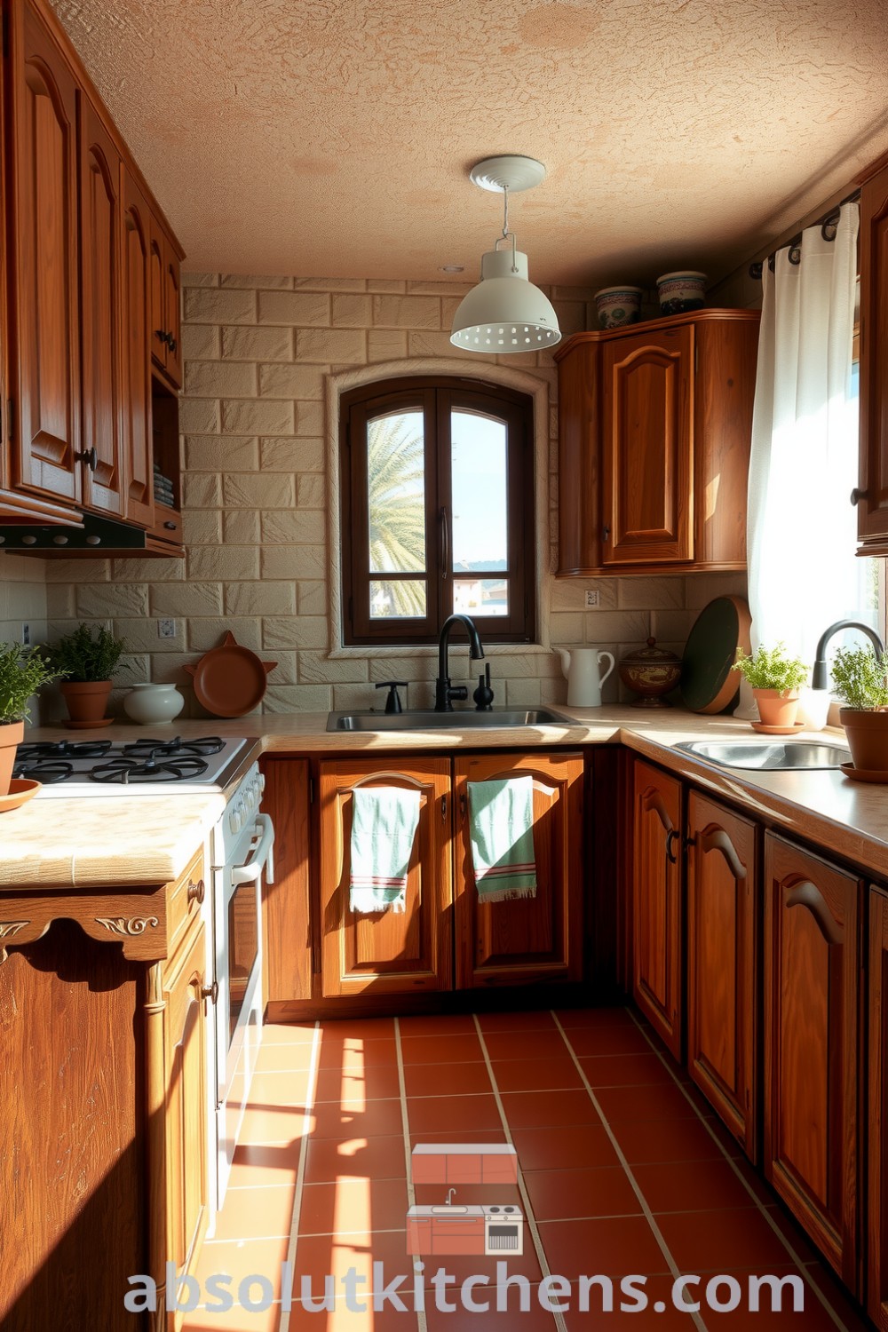 Cozy Mediterranean kitchen featuring warm wooden cabinets, rustic stone backsplash, terracotta tiles, and fresh herbs in clay pots, creating an inviting atmosphere filled with family warmth and design inspirations for cozy home decor ideas. Details at absolutkitchens.com.
