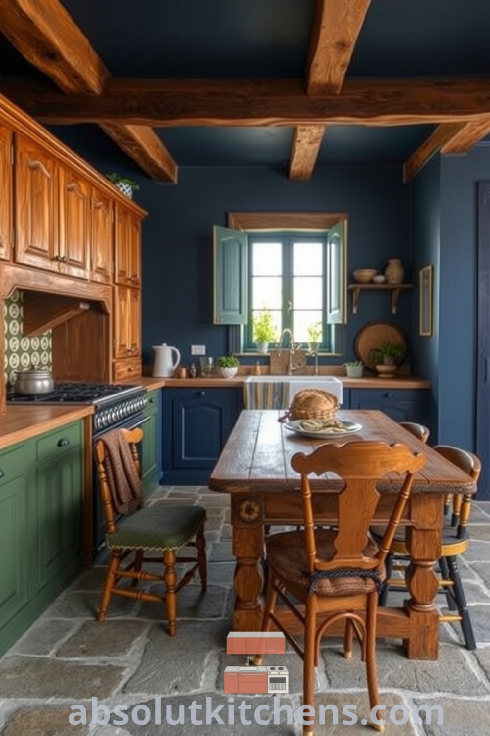 Cozy rustic kitchen with deep blue walls, weathered wood cabinets, and an antique farmhouse sink under a large window, featuring scattered herbs on the windowsill. The warm and inviting setting includes a sturdy wooden table surrounded by mismatched chairs, perfect for creating a homey atmosphere. Visit absolutkitchens.com for inspiring decor ideas for your home.