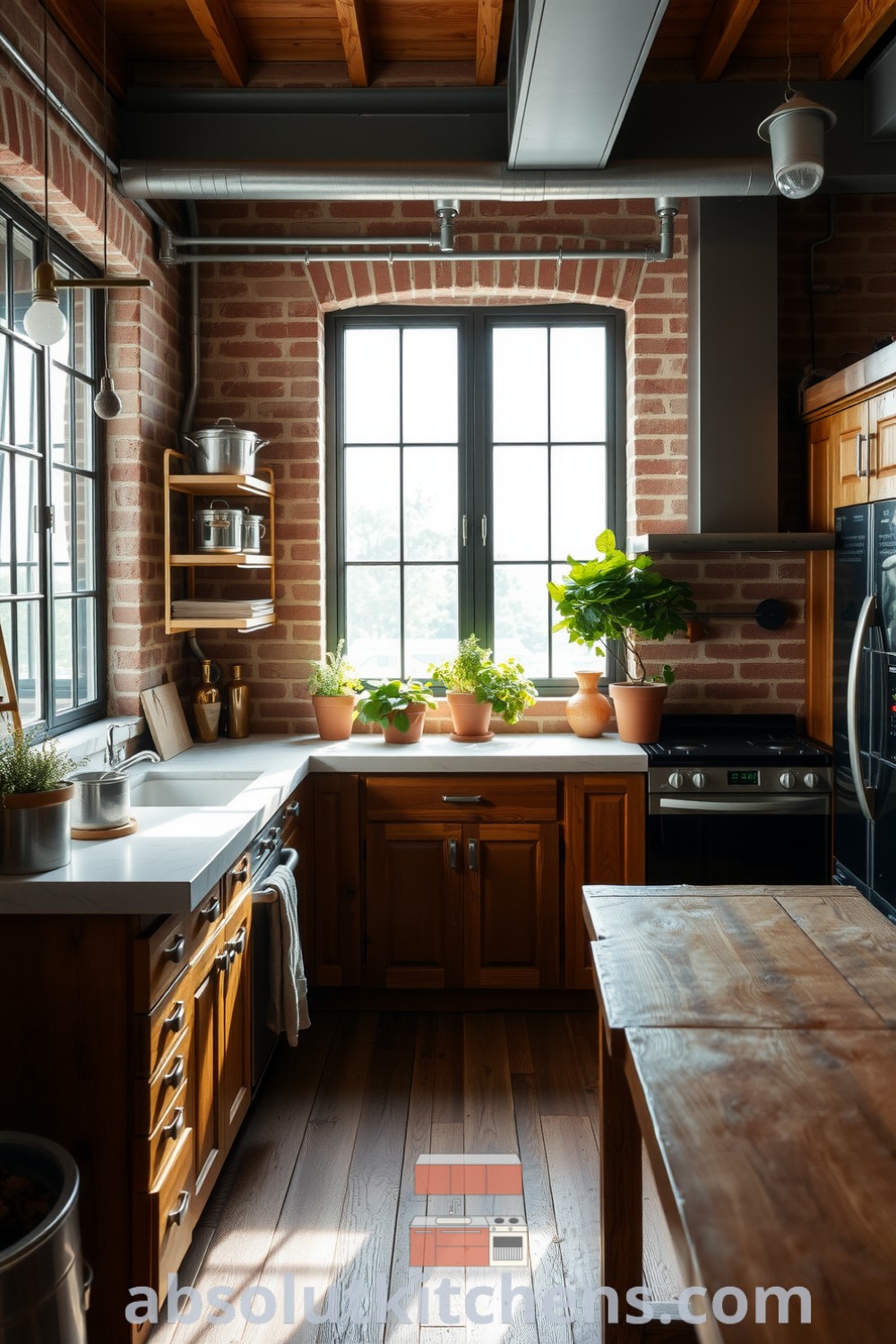 Cozy loft kitchen featuring exposed brick walls, rich wooden cabinetry, stone countertops, and metal appliances illuminated by morning light, showcasing decor ideas and inspirations for creating a cozy home atmosphere at fireplacesandwoodstoves.com.