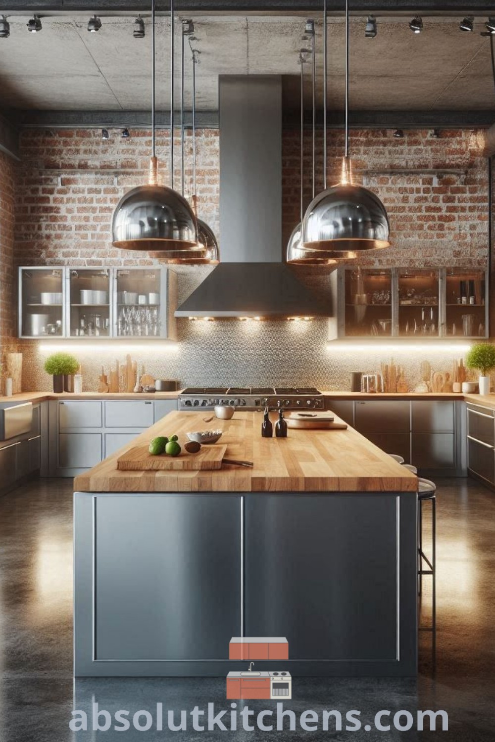 An industrial style kitchen showcasing stainless steel appliances, pendant lights against exposed brick walls, and polished concrete flooring. This modern industrial kitchen offers unique decor ideas and inspirations, enhancing the cozy ambiance. Find more design ideas for your home at wellnesswink.com.