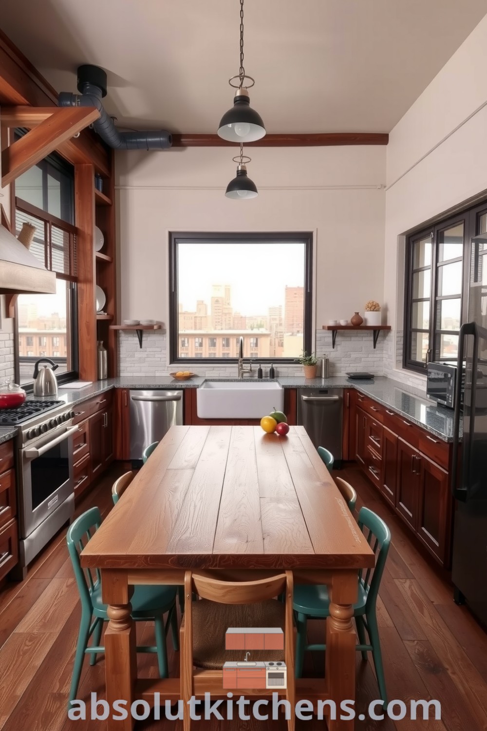 Loft kitchen decorated with aged wood beams, stainless steel appliances, and a stone backsplash, featuring a farmhouse sink, reclaimed wooden table, and mismatched chairs, creating a cozy and inviting atmosphere. Visit fireplacesandwoodstoves.com for inspiring cozy home decor ideas.