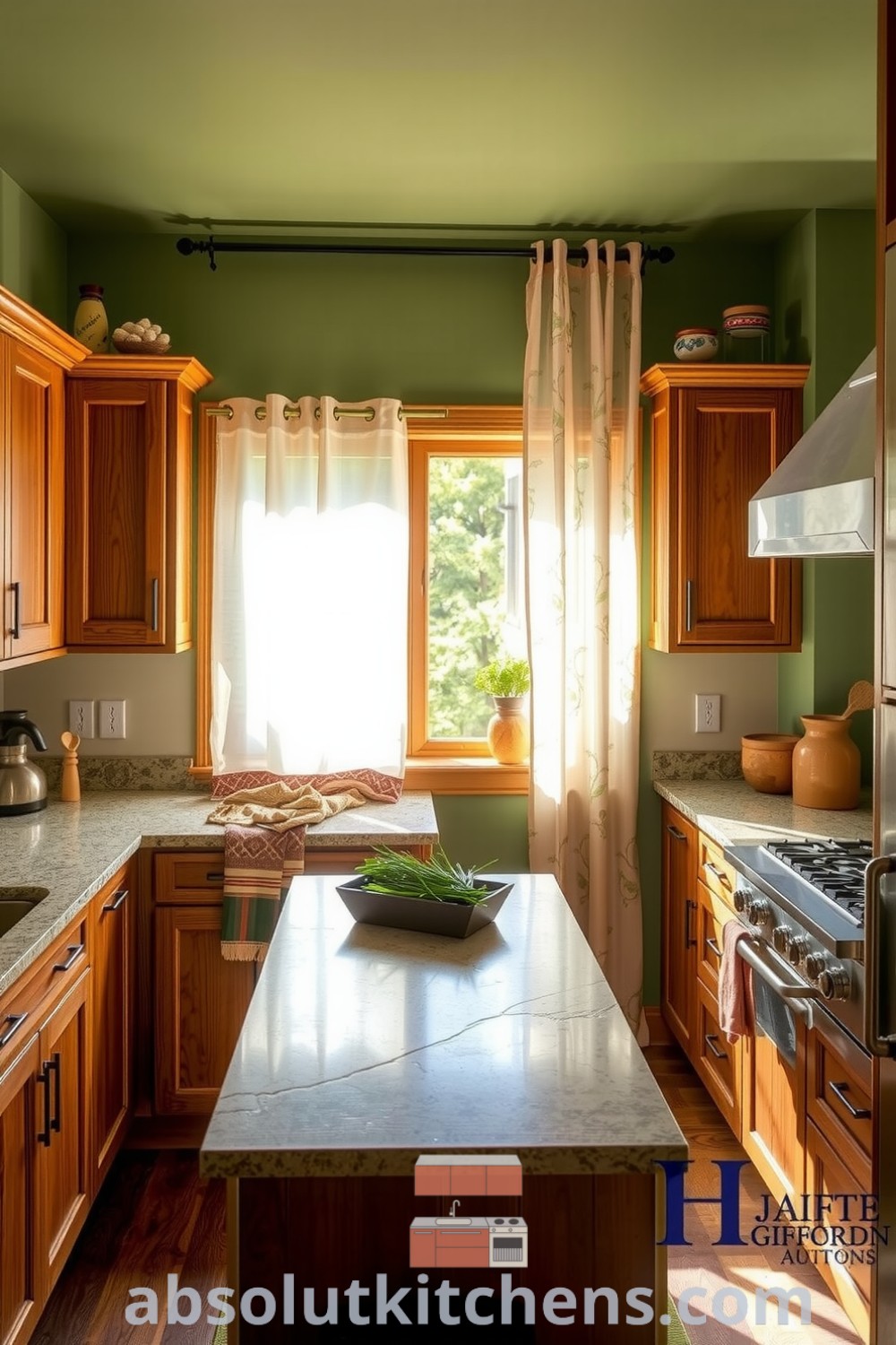 Cozy nature-inspired kitchen with earthy green walls, wooden cabinets, and stone countertops, featuring sunlight filtering through leaf-patterned curtains and potted herbs, creating a warm and inviting atmosphere for shared meals and laughter. Visit absolutkitchens.com for inspiring decor ideas.